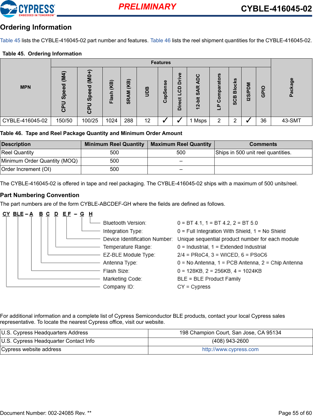 PRELIMINARY CYBLE-416045-02Document Number: 002-24085 Rev. **  Page 55 of 60Ordering InformationTable 45  lists the CYBLE-416045-02 part number and features. Tab le 4 6 lists the reel shipment quantities for the CYBLE-416045-02.Table 46.  Tape and Reel Package Quantity and Minimum Order AmountThe CYBLE-416045-02 is offered in tape and reel packaging. The CYBLE-416045-02 ships with a maximum of 500 units/reel.Part Numbering ConventionThe part numbers are of the form CYBLE-ABCDEF-GH where the fields are defined as follows.For additional information and a complete list of Cypress Semiconductor BLE products, contact your local Cypress sales representative. To locate the nearest Cypress office, visit our website.Table 45.  Ordering InformationMPNFeaturesPackageCPU Speed (M4)CPU Speed (M0+)Flash (KB)SRAM (KB)UDBCapSenseDirect LCD Drive12-bit SAR ADCLP ComparatorsSCB BlocksI2S/PDMGPIOCYBLE-416045-02 150/50 100/25 1024 288 12 3 3 1 Msps 2 2 336 43-SMTDescription Minimum Reel Quantity Maximum Reel Quantity CommentsReel Quantity 500 500 Ships in 500 unit reel quantities.Minimum Order Quantity (MOQ) 500 –Order Increment (OI) 500 –U.S. Cypress Headquarters Address 198 Champion Court, San Jose, CA 95134U.S. Cypress Headquarter Contact Info (408) 943-2600Cypress website address http://www.cypress.com