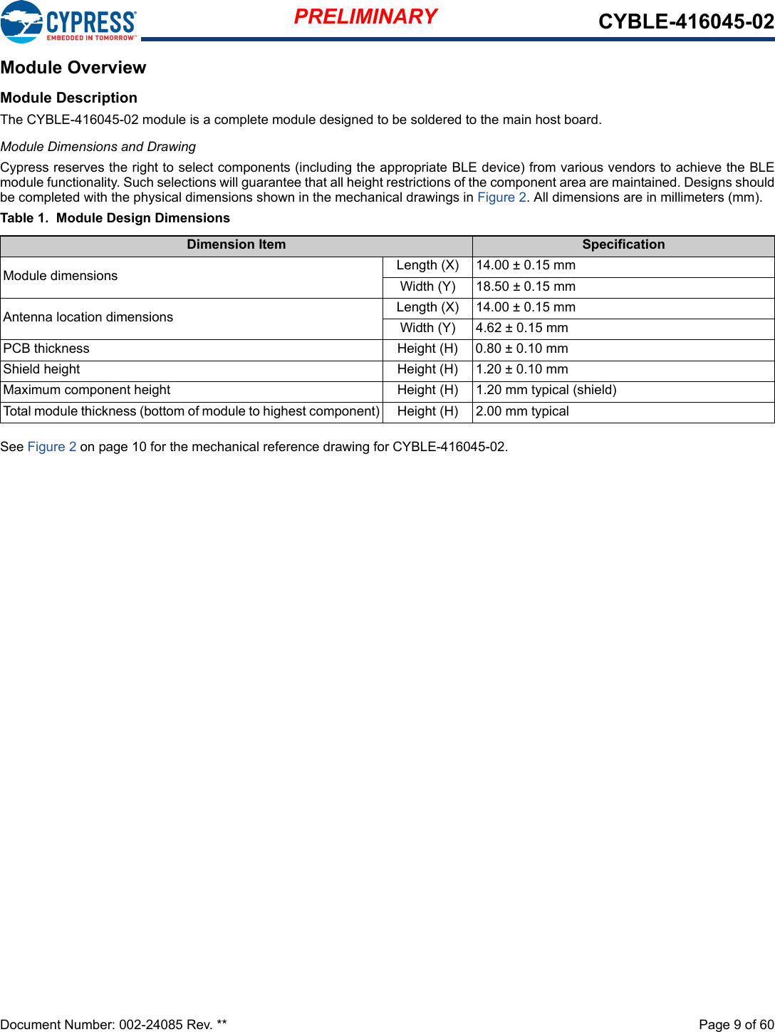 PRELIMINARY CYBLE-416045-02Document Number: 002-24085 Rev. **  Page 9 of 60Module OverviewModule DescriptionThe CYBLE-416045-02 module is a complete module designed to be soldered to the main host board. Module Dimensions and DrawingCypress reserves the right to select components (including the appropriate BLE device) from various vendors to achieve the BLEmodule functionality. Such selections will guarantee that all height restrictions of the component area are maintained. Designs shouldbe completed with the physical dimensions shown in the mechanical drawings in Figure 2. All dimensions are in millimeters (mm).Table 1.  Module Design DimensionsSee Figure 2 on page 10 for the mechanical reference drawing for CYBLE-416045-02.Dimension Item SpecificationModule dimensions Length (X) 14.00 ± 0.15 mmWidth (Y) 18.50 ± 0.15 mmAntenna location dimensions Length (X) 14.00 ± 0.15 mmWidth (Y) 4.62 ± 0.15 mmPCB thickness Height (H) 0.80 ± 0.10 mmShield height Height (H) 1.20 ± 0.10 mmMaximum component height Height (H) 1.20 mm typical (shield)Total module thickness (bottom of module to highest component) Height (H) 2.00 mm typical