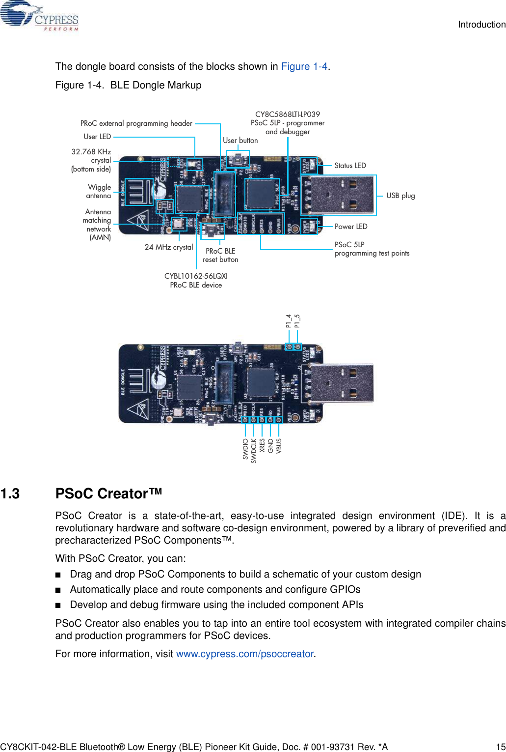 CY8CKIT-042-BLE Bluetooth® Low Energy (BLE) Pioneer Kit Guide, Doc. # 001-93731 Rev. *A 15IntroductionThe dongle board consists of the blocks shown in Figure 1-4.Figure 1-4.  BLE Dongle Markup1.3 PSoC Creator™PSoC Creator is a state-of-the-art, easy-to-use integrated design environment (IDE). It is arevolutionary hardware and software co-design environment, powered by a library of preverified andprecharacterized PSoC Components™. With PSoC Creator, you can:■Drag and drop PSoC Components to build a schematic of your custom design■Automatically place and route components and configure GPIOs■Develop and debug firmware using the included component APIsPSoC Creator also enables you to tap into an entire tool ecosystem with integrated compiler chainsand production programmers for PSoC devices.For more information, visit www.cypress.com/psoccreator.13P$#-&amp;SFTFUCVUUPO$:#--29*13P$#-&amp;EFWJDF14P$-1QSPHSBNNJOHUFTUQPJOUT$:$-5*-114P$-1QSPHSBNNFSBOEEFCVHHFS6TFSCVUUPO1PXFS-&amp;%64#QMVH4UBUVT-&amp;%8JHHMFBOUFOOB&quot;OUFOOBNBUDIJOHOFUXPSL&quot;./.)[DSZTUBM6TFS-&amp;%13P$FYUFSOBMQSPHSBNNJOHIFBEFS,)[DSZTUBMCPUUPNTJEF48%*048%$-,93&amp;4(/%7#641@1@