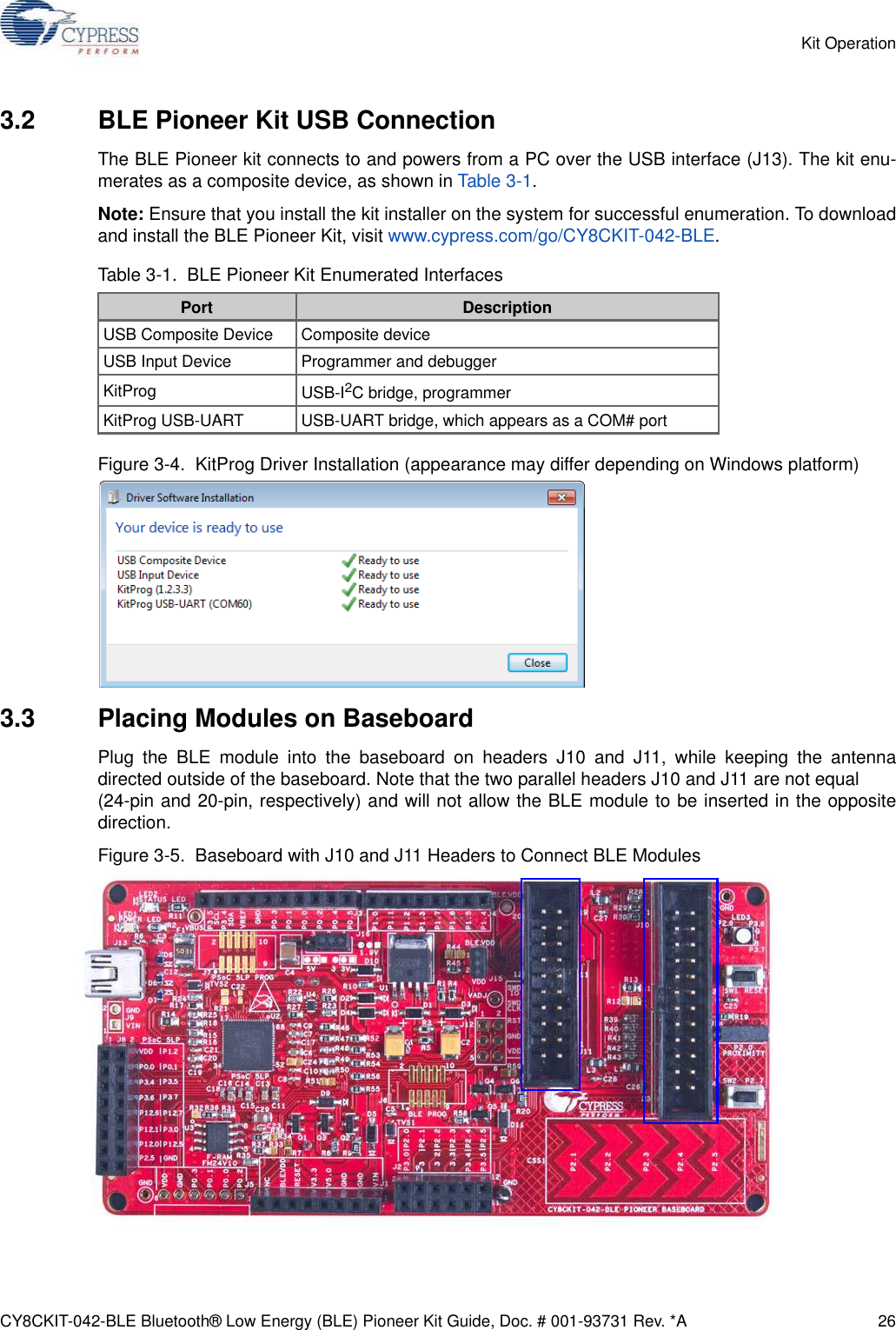 CY8CKIT-042-BLE Bluetooth® Low Energy (BLE) Pioneer Kit Guide, Doc. # 001-93731 Rev. *A 26Kit Operation3.2 BLE Pioneer Kit USB ConnectionThe BLE Pioneer kit connects to and powers from a PC over the USB interface (J13). The kit enu-merates as a composite device, as shown in Table 3-1.Note: Ensure that you install the kit installer on the system for successful enumeration. To downloadand install the BLE Pioneer Kit, visit www.cypress.com/go/CY8CKIT-042-BLE.Figure 3-4.  KitProg Driver Installation (appearance may differ depending on Windows platform)3.3 Placing Modules on BaseboardPlug the BLE module into the baseboard on headers J10 and J11, while keeping the antennadirected outside of the baseboard. Note that the two parallel headers J10 and J11 are not equal (24-pin and 20-pin, respectively) and will not allow the BLE module to be inserted in the oppositedirection.Figure 3-5.  Baseboard with J10 and J11 Headers to Connect BLE ModulesTable 3-1.  BLE Pioneer Kit Enumerated InterfacesPort DescriptionUSB Composite Device Composite deviceUSB Input Device Programmer and debuggerKitProg USB-I2C bridge, programmerKitProg USB-UART USB-UART bridge, which appears as a COM# port