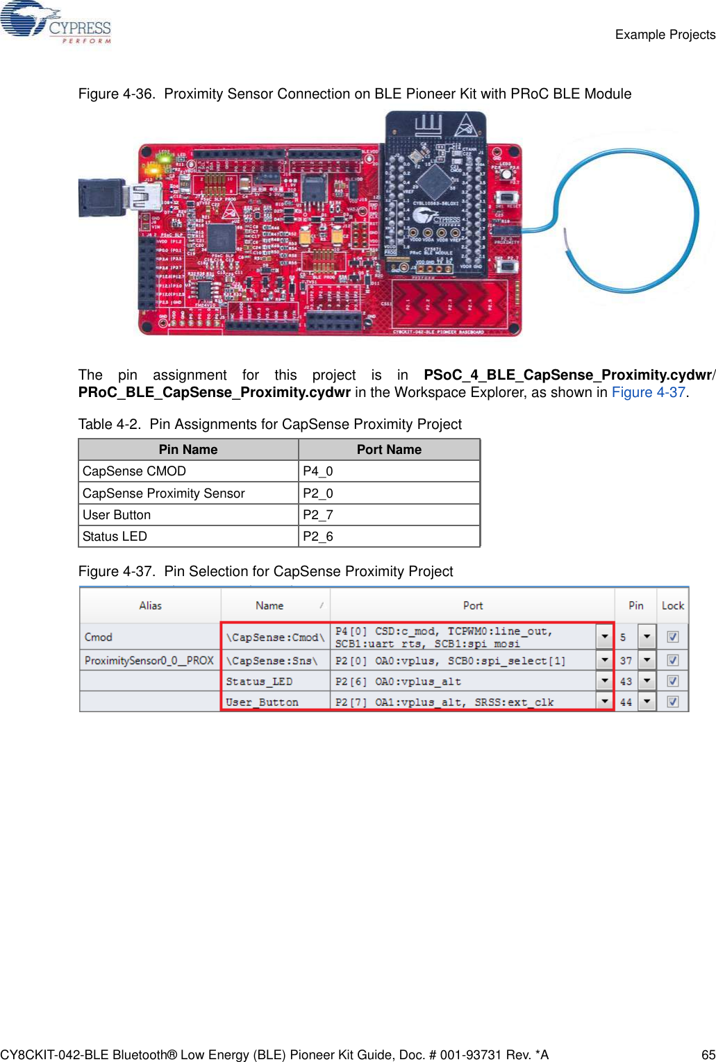 CY8CKIT-042-BLE Bluetooth® Low Energy (BLE) Pioneer Kit Guide, Doc. # 001-93731 Rev. *A 65Example ProjectsFigure 4-36.  Proximity Sensor Connection on BLE Pioneer Kit with PRoC BLE ModuleThe pin assignment for this project is in PSoC_4_BLE_CapSense_Proximity.cydwr/PRoC_BLE_CapSense_Proximity.cydwr in the Workspace Explorer, as shown in Figure 4-37.Figure 4-37.  Pin Selection for CapSense Proximity ProjectTable 4-2.  Pin Assignments for CapSense Proximity ProjectPin Name Port NameCapSense CMOD P4_0CapSense Proximity Sensor P2_0User Button P2_7Status LED P2_6