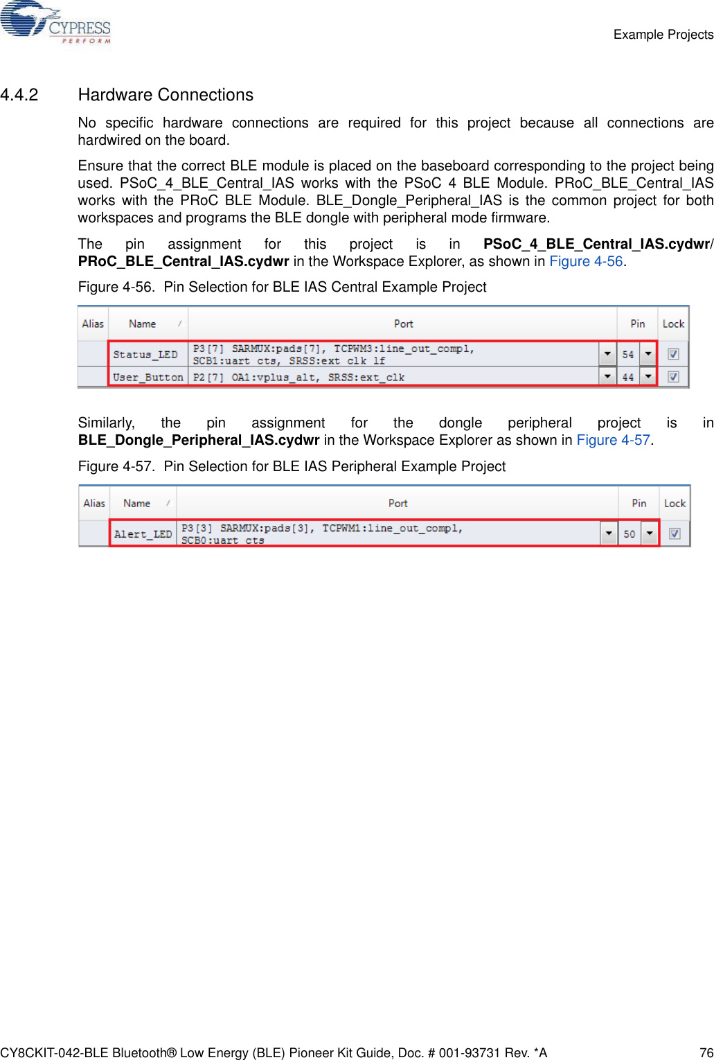 CY8CKIT-042-BLE Bluetooth® Low Energy (BLE) Pioneer Kit Guide, Doc. # 001-93731 Rev. *A 76Example Projects4.4.2 Hardware ConnectionsNo specific hardware connections are required for this project because all connections arehardwired on the board. Ensure that the correct BLE module is placed on the baseboard corresponding to the project beingused. PSoC_4_BLE_Central_IAS works with the PSoC 4 BLE Module. PRoC_BLE_Central_IASworks with the PRoC BLE Module. BLE_Dongle_Peripheral_IAS is the common project for bothworkspaces and programs the BLE dongle with peripheral mode firmware.The pin assignment for this project is in PSoC_4_BLE_Central_IAS.cydwr/PRoC_BLE_Central_IAS.cydwr in the Workspace Explorer, as shown in Figure 4-56.Figure 4-56.  Pin Selection for BLE IAS Central Example ProjectSimilarly, the pin assignment for the dongle peripheral project is inBLE_Dongle_Peripheral_IAS.cydwr in the Workspace Explorer as shown in Figure 4-57.Figure 4-57.  Pin Selection for BLE IAS Peripheral Example Project