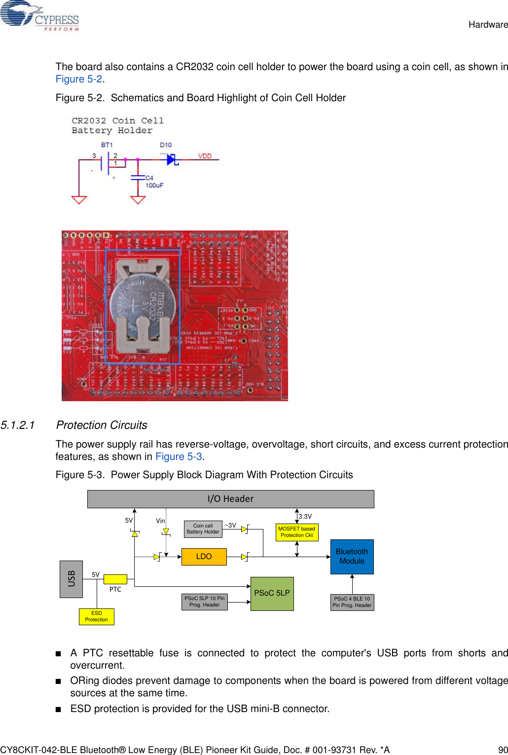 CY8CKIT-042-BLE Bluetooth® Low Energy (BLE) Pioneer Kit Guide, Doc. # 001-93731 Rev. *A 90HardwareThe board also contains a CR2032 coin cell holder to power the board using a coin cell, as shown inFigure 5-2.Figure 5-2.  Schematics and Board Highlight of Coin Cell Holder5.1.2.1 Protection CircuitsThe power supply rail has reverse-voltage, overvoltage, short circuits, and excess current protectionfeatures, as shown in Figure 5-3.Figure 5-3.  Power Supply Block Diagram With Protection Circuits■A PTC resettable fuse is connected to protect the computer&apos;s USB ports from shorts andovercurrent.■ORing diodes prevent damage to components when the board is powered from different voltagesources at the same time.■ESD protection is provided for the USB mini-B connector.I/OHeaderUSBBluetooth Module5V Vin 3.3VPSoC 5LP5VPSoC 5LP 10 Pin Prog. HeaderPTCLDOESD ProtectionMOSFET based Protection CktCoin cell Battery HolderPSoC 4 BLE 10 Pin Prog. Header~3V