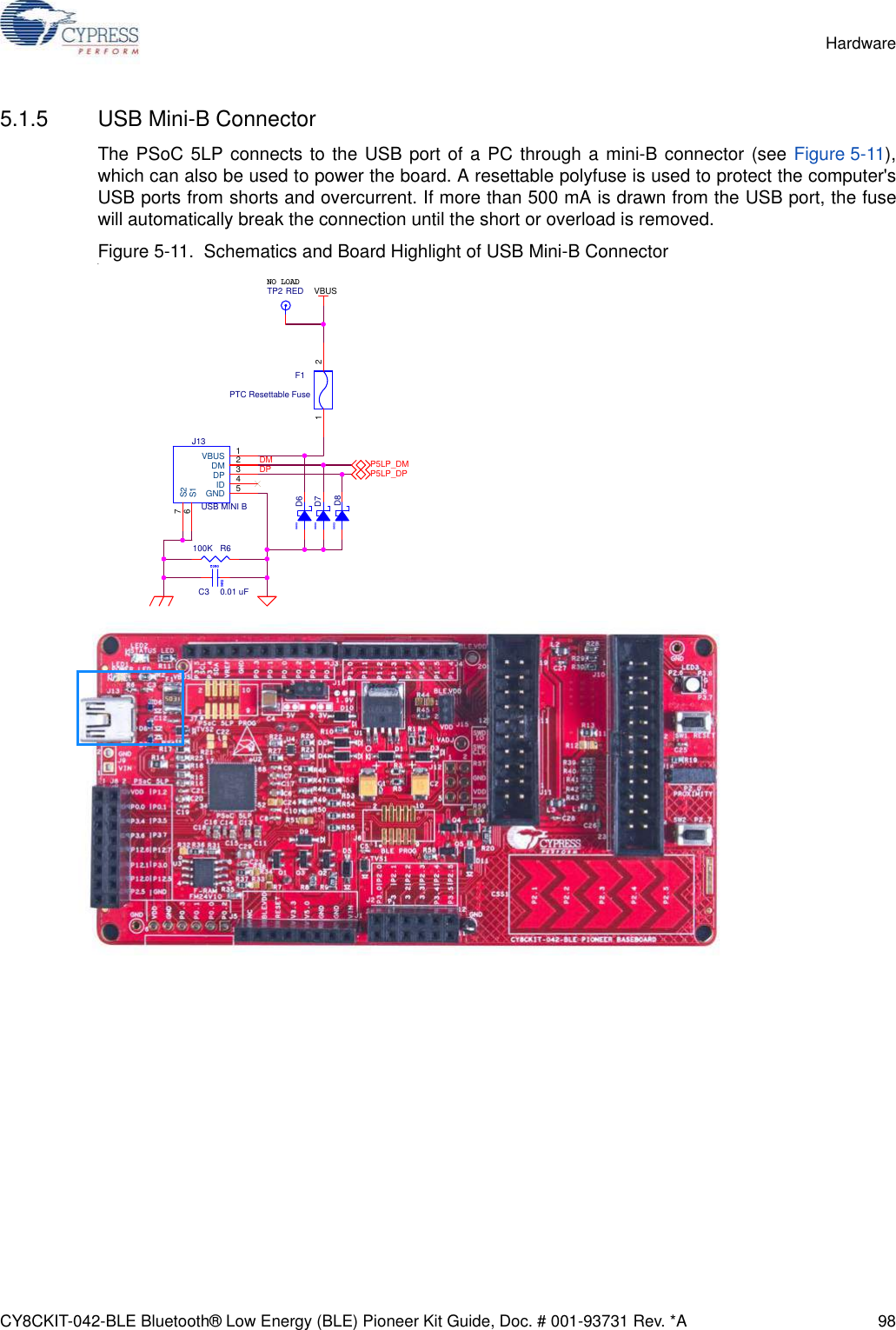 CY8CKIT-042-BLE Bluetooth® Low Energy (BLE) Pioneer Kit Guide, Doc. # 001-93731 Rev. *A 98Hardware5.1.5 USB Mini-B ConnectorThe PSoC 5LP connects to the USB port of a PC through a mini-B connector (see Figure 5-11),which can also be used to power the board. A resettable polyfuse is used to protect the computer&apos;sUSB ports from shorts and overcurrent. If more than 500 mA is drawn from the USB port, the fusewill automatically break the connection until the short or overload is removed.Figure 5-11.  Schematics and Board Highlight of USB Mini-B ConnectorNO LOADDPDMVBUSP5LP_DMP5LP_DPJ13USB MINI BVBUS 1DM 2DP 3GND 5ID 4S16S27F1PTC Resettable Fuse1 20603D60402R6100K0603D80402C3 0.01 uFTP2 RED0603D7