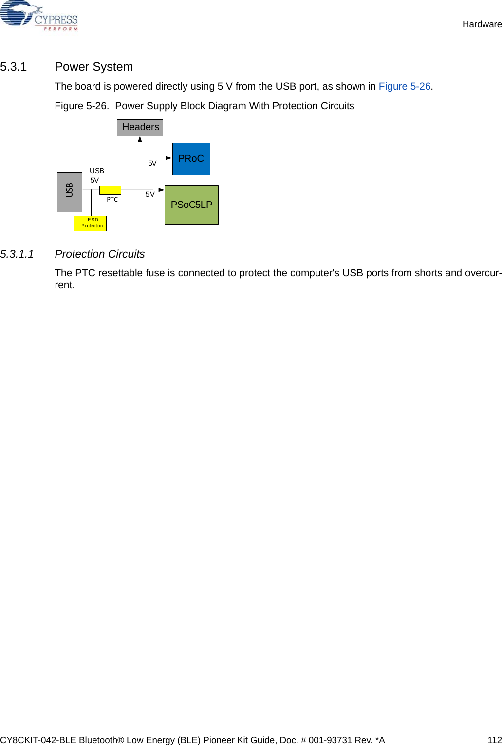 CY8CKIT-042-BLE Bluetooth® Low Energy (BLE) Pioneer Kit Guide, Doc. # 001-93731 Rev. *A 112Hardware5.3.1 Power SystemThe board is powered directly using 5 V from the USB port, as shown in Figure 5-26.Figure 5-26.  Power Supply Block Diagram With Protection Circuits5.3.1.1 Protection CircuitsThe PTC resettable fuse is connected to protect the computer&apos;s USB ports from shorts and overcur-rent.USBUSB 5VPTCESD ProtectionPRoCPSoC5LP5V5VHeaders