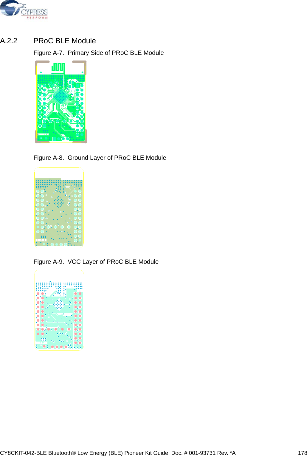 CY8CKIT-042-BLE Bluetooth® Low Energy (BLE) Pioneer Kit Guide, Doc. # 001-93731 Rev. *A 178A.2.2 PRoC BLE ModuleFigure A-7.  Primary Side of PRoC BLE ModuleFigure A-8.  Ground Layer of PRoC BLE ModuleFigure A-9.  VCC Layer of PRoC BLE Module