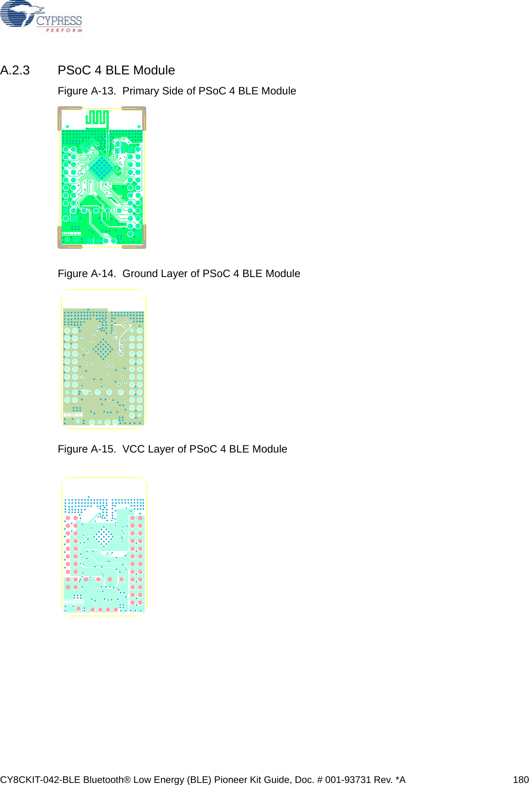 CY8CKIT-042-BLE Bluetooth® Low Energy (BLE) Pioneer Kit Guide, Doc. # 001-93731 Rev. *A 180A.2.3 PSoC 4 BLE ModuleFigure A-13.  Primary Side of PSoC 4 BLE ModuleFigure A-14.  Ground Layer of PSoC 4 BLE ModuleFigure A-15.  VCC Layer of PSoC 4 BLE Module