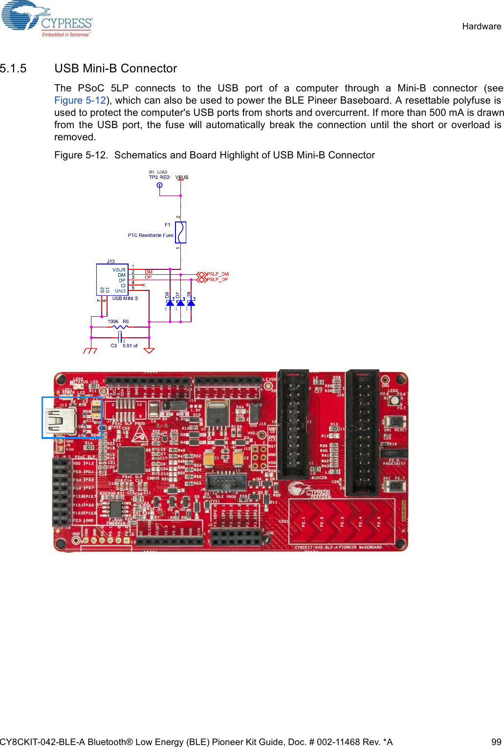 CY8CKIT-042-BLE-A Bluetooth® Low Energy (BLE) Pioneer Kit Guide, Doc. # 002-11468 Rev. *A 99Hardware5.1.5 USB Mini-B ConnectorThe  PSoC  5LP  connects  to  the  USB  port  of  a  computer  through  a  Mini-B  connector  (seeFigure 5-12), which can also be used to power the BLE Pineer Baseboard. A resettable polyfuse isused to protect the computer&apos;s USB ports from shorts and overcurrent. If more than 500 mA is drawnfrom  the  USB  port,  the  fuse  will  automatically  break  the  connection  until  the  short  or  overload  isremoved.Figure 5-12.  Schematics and Board Highlight of USB Mini-B Connector