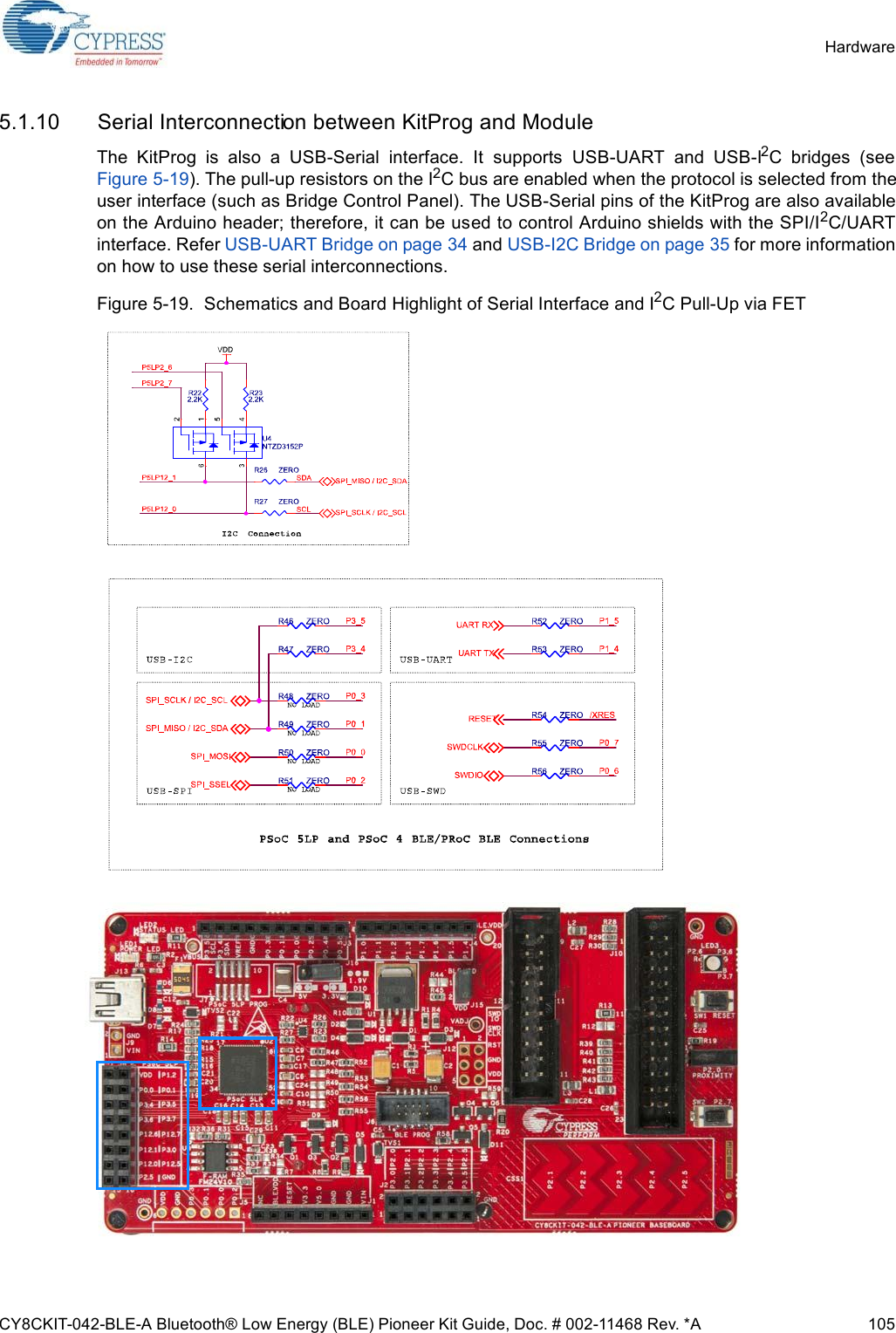 CY8CKIT-042-BLE-A Bluetooth® Low Energy (BLE) Pioneer Kit Guide, Doc. # 002-11468 Rev. *A 105Hardware5.1.10 Serial Interconnection between KitProg and ModuleThe  KitProg  is  also  a  USB-Serial  interface.  It  supports  USB-UART  and  USB-I2C  bridges  (seeFigure 5-19). The pull-up resistors on the I2C bus are enabled when the protocol is selected from theuser interface (such as Bridge Control Panel). The USB-Serial pins of the KitProg are also availableon the Arduino header; therefore, it can be used to control Arduino shields with the SPI/I2C/UARTinterface. Refer USB-UART Bridge on page 34 and USB-I2C Bridge on page 35 for more informationon how to use these serial interconnections. Figure 5-19.  Schematics and Board Highlight of Serial Interface and I2C Pull-Up via FET