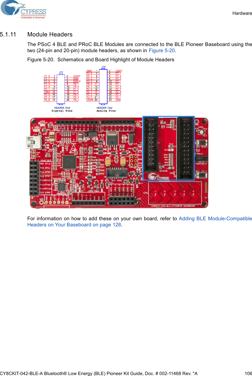 CY8CKIT-042-BLE-A Bluetooth® Low Energy (BLE) Pioneer Kit Guide, Doc. # 002-11468 Rev. *A 106Hardware5.1.11 Module HeadersThe PSoC 4 BLE and PRoC BLE Modules are connected to the BLE Pioneer Baseboard using thetwo (24-pin and 20-pin) module headers, as shown in Figure 5-20. Figure 5-20.  Schematics and Board Highlight of Module HeadersFor information on how to add these on your own board, refer to  Adding BLE Module-CompatibleHeaders on Your Baseboard on page 128. 