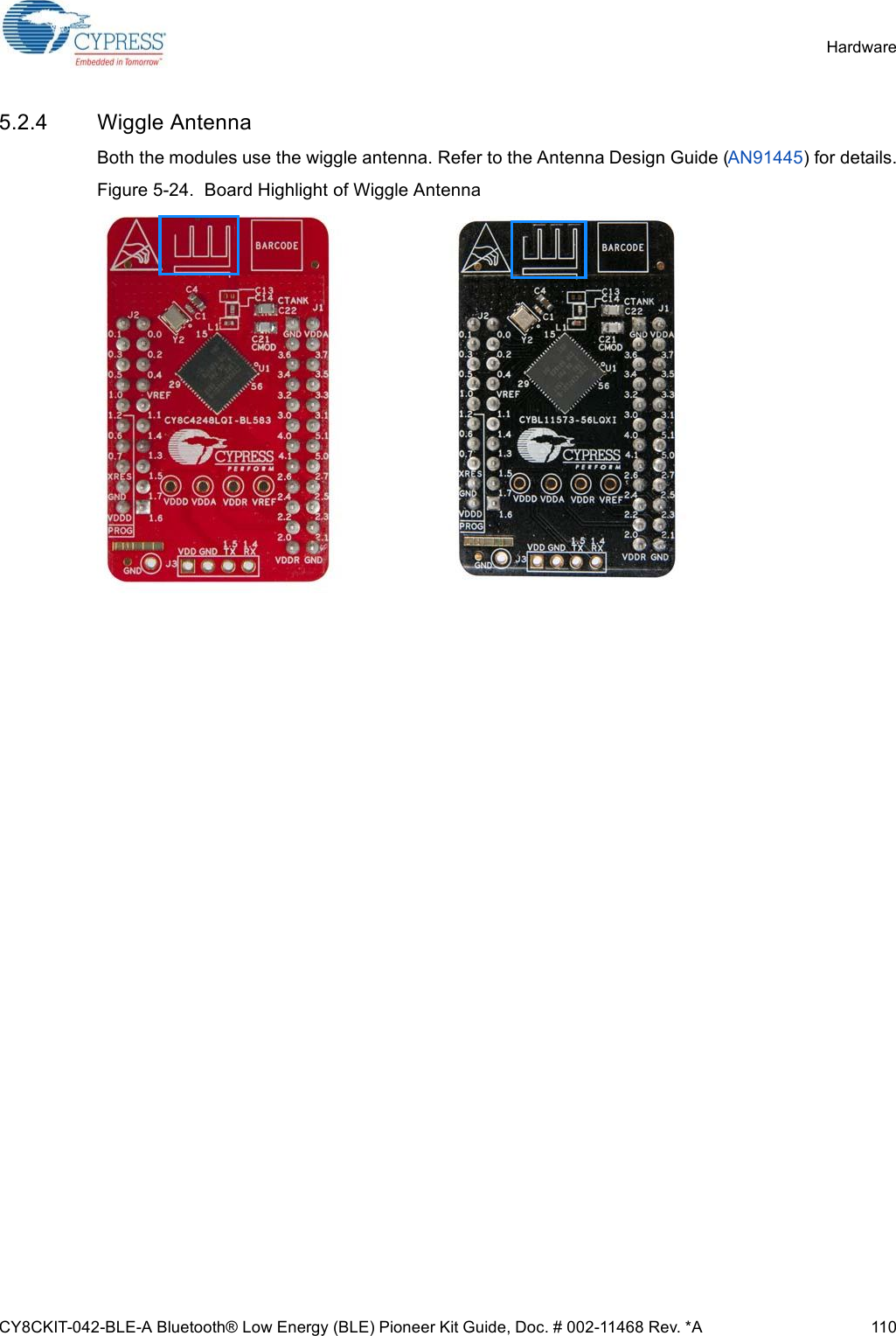 CY8CKIT-042-BLE-A Bluetooth® Low Energy (BLE) Pioneer Kit Guide, Doc. # 002-11468 Rev. *A 110Hardware5.2.4 Wiggle AntennaBoth the modules use the wiggle antenna. Refer to the Antenna Design Guide (AN91445) for details.Figure 5-24.  Board Highlight of Wiggle Antenna