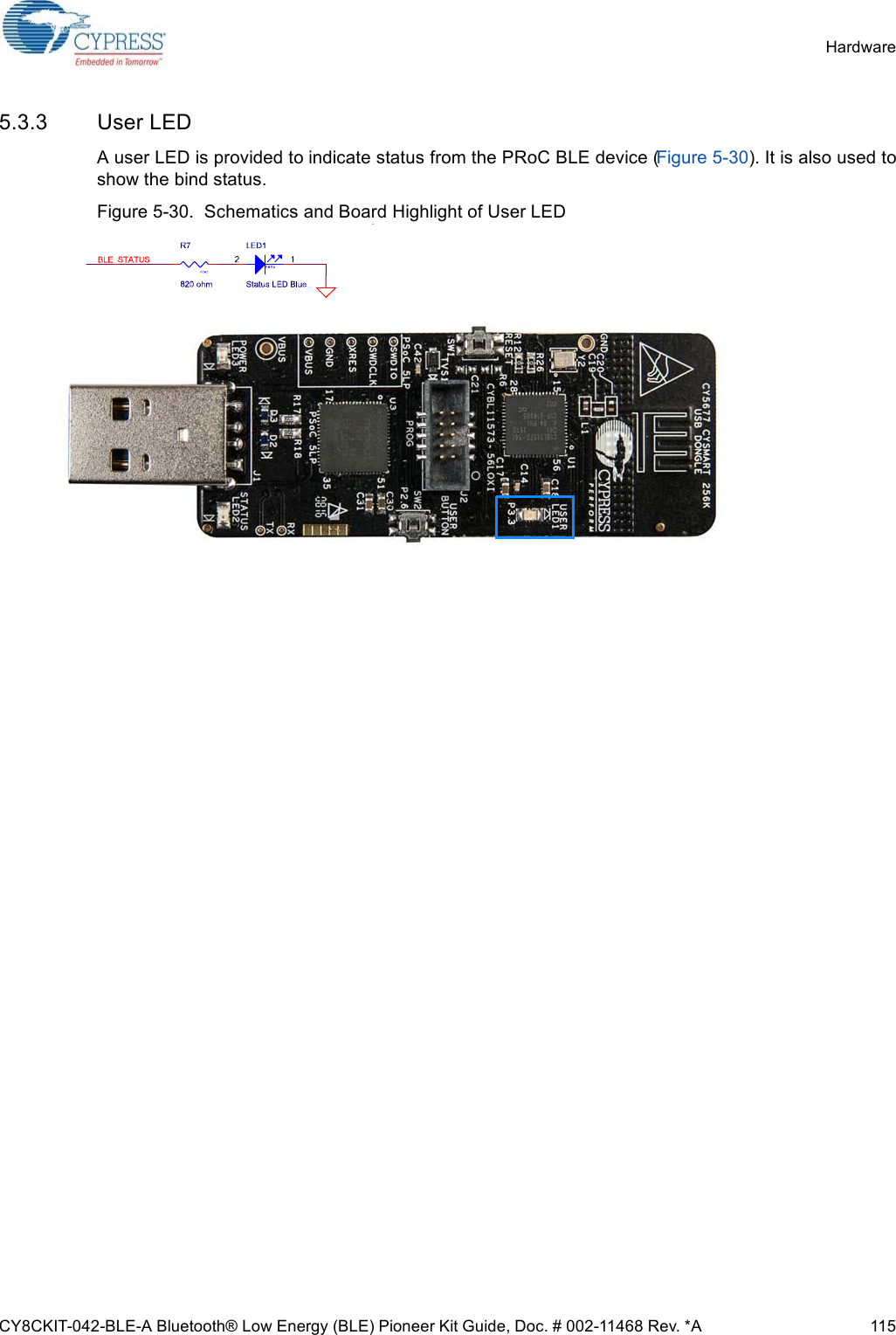 CY8CKIT-042-BLE-A Bluetooth® Low Energy (BLE) Pioneer Kit Guide, Doc. # 002-11468 Rev. *A 115Hardware5.3.3 User LEDA user LED is provided to indicate status from the PRoC BLE device (Figure 5-30). It is also used toshow the bind status.Figure 5-30.  Schematics and Board Highlight of User LED