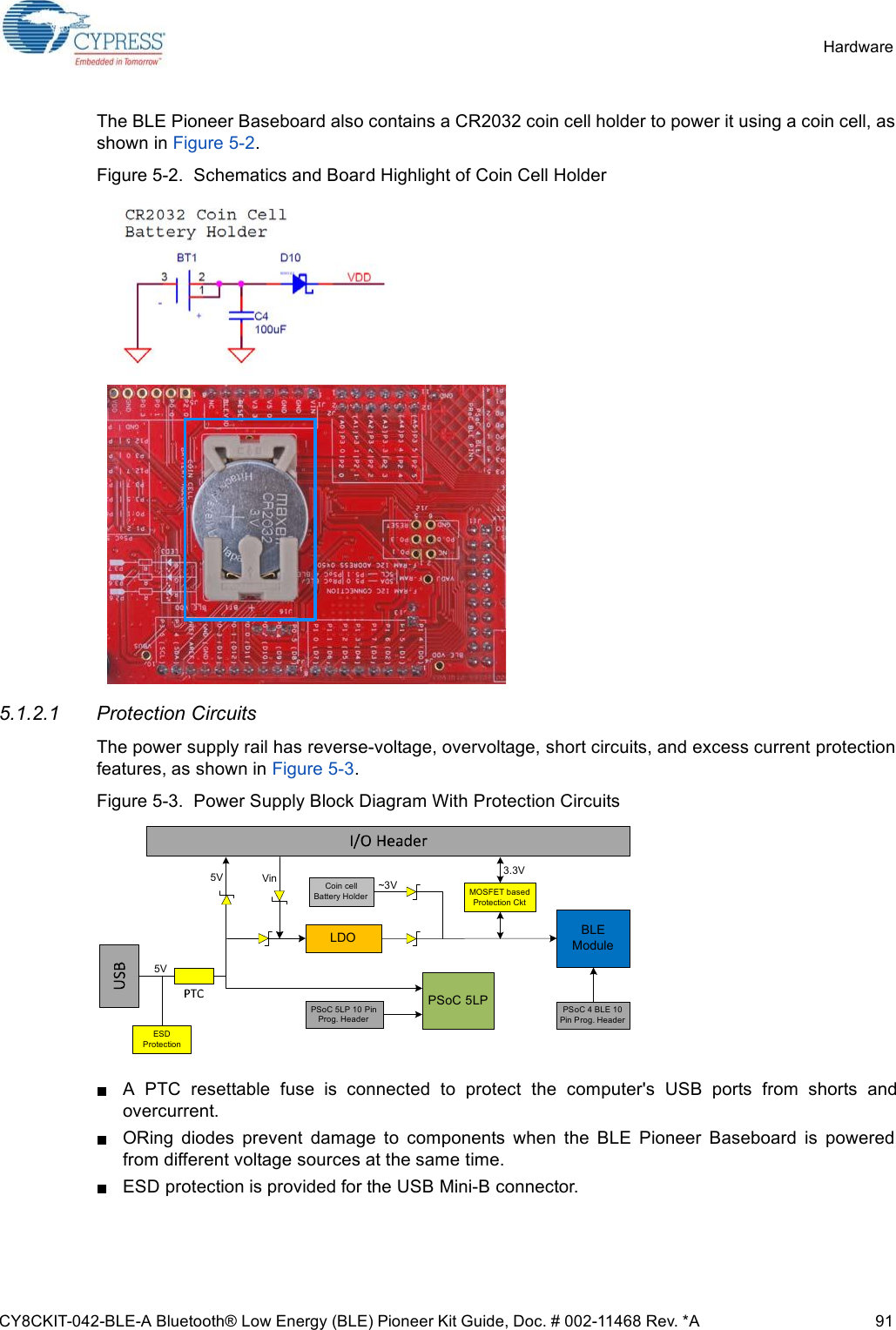 CY8CKIT-042-BLE-A Bluetooth® Low Energy (BLE) Pioneer Kit Guide, Doc. # 002-11468 Rev. *A 91HardwareThe BLE Pioneer Baseboard also contains a CR2032 coin cell holder to power it using a coin cell, asshown in Figure 5-2.Figure 5-2.  Schematics and Board Highlight of Coin Cell Holder5.1.2.1 Protection CircuitsThe power supply rail has reverse-voltage, overvoltage, short circuits, and excess current protectionfeatures, as shown in Figure 5-3.Figure 5-3.  Power Supply Block Diagram With Protection CircuitsA  PTC  resettable  fuse  is  connected  to  protect  the  computer&apos;s  USB  ports  from  shorts  andovercurrent.ORing  diodes  prevent  damage  to  components  when  the  BLE  Pioneer  Baseboard  is  poweredfrom different voltage sources at the same time.ESD protection is provided for the USB Mini-B connector.BLE Module5V Vin 3.3VPSoC 5LP5VPSoC 5LP 10 Pin Prog. HeaderLDOESD ProtectionMOSFET based Protection CktCoin cell Battery HolderPSoC 4 BLE 10 Pin Prog. Header~3V