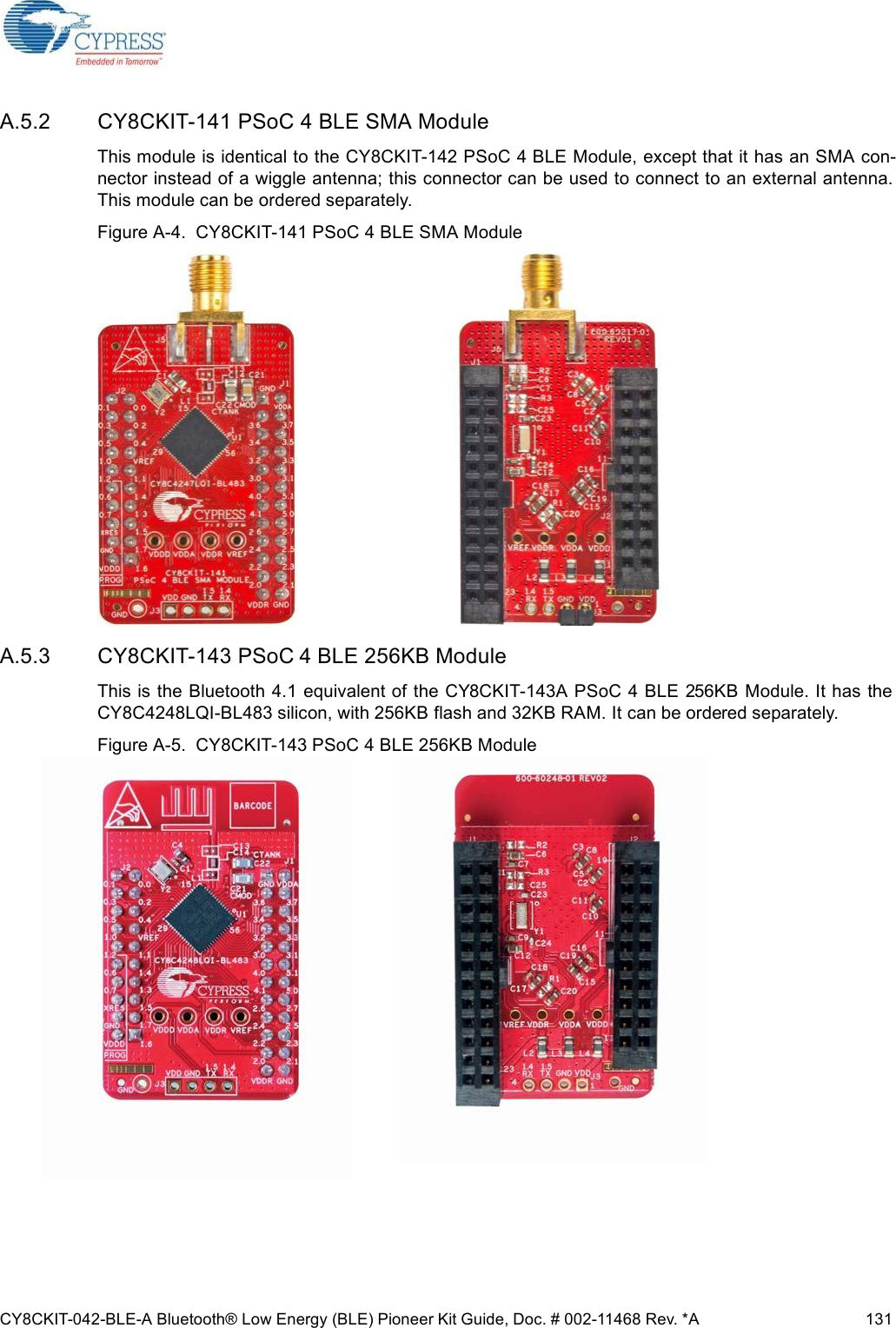 CY8CKIT-042-BLE-A Bluetooth® Low Energy (BLE) Pioneer Kit Guide, Doc. # 002-11468 Rev. *A 131A.5.2 CY8CKIT-141 PSoC 4 BLE SMA ModuleThis module is identical to the CY8CKIT-142 PSoC 4 BLE Module, except that it has an SMA con-nector instead of a wiggle antenna; this connector can be used to connect to an external antenna.This module can be ordered separately.Figure A-4.  CY8CKIT-141 PSoC 4 BLE SMA ModuleA.5.3 CY8CKIT-143 PSoC 4 BLE 256KB ModuleThis is the Bluetooth 4.1 equivalent of the CY8CKIT-143A PSoC 4 BLE 256KB Module. It has theCY8C4248LQI-BL483 silicon, with 256KB flash and 32KB RAM. It can be ordered separately.Figure A-5.  CY8CKIT-143 PSoC 4 BLE 256KB Module