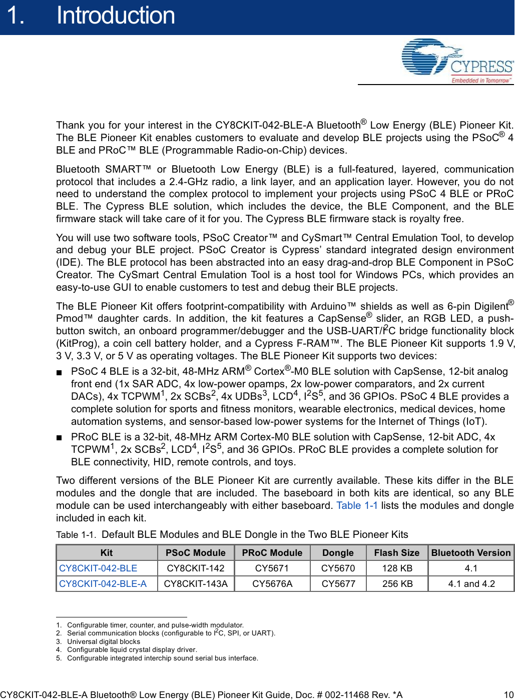 CY8CKIT-042-BLE-A Bluetooth® Low Energy (BLE) Pioneer Kit Guide, Doc. # 002-11468 Rev. *A 101. IntroductionThank you for your interest in the CY8CKIT-042-BLE-A Bluetooth® Low Energy (BLE) Pioneer Kit.The BLE Pioneer Kit enables customers to evaluate and develop BLE projects using the PSoC® 4BLE and PRoC™ BLE (Programmable Radio-on-Chip) devices. Bluetooth  SMART™  or  Bluetooth  Low  Energy  (BLE)  is  a  full-featured,  layered,  communicationprotocol that includes a 2.4-GHz radio, a link layer, and an application layer. However, you do notneed to understand the complex protocol to implement your projects using PSoC 4 BLE or PRoCBLE.  The  Cypress  BLE  solution,  which  includes  the  device,  the  BLE  Component,  and  the  BLEfirmware stack will take care of it for you. The Cypress BLE firmware stack is royalty free.You will use two software tools, PSoC Creator™ and CySmart™ Central Emulation Tool, to developand  debug  your  BLE  project.  PSoC  Creator  is  Cypress’  standard  integrated  design  environment(IDE). The BLE protocol has been abstracted into an easy drag-and-drop BLE Component in PSoCCreator.  The  CySmart Central  Emulation  Tool  is a host tool  for Windows  PCs,  which  provides  aneasy-to-use GUI to enable customers to test and debug their BLE projects. The BLE Pioneer Kit offers footprint-compatibility with Arduino™ shields as well as 6-pin Digilent®Pmod™  daughter  cards.  In  addition,  the  kit  features  a  CapSense® slider,  an  RGB  LED,  a  push-button switch, an onboard programmer/debugger and the USB-UART/I2C bridge functionality block(KitProg), a coin cell battery holder, and a Cypress F-RAM™. The BLE Pioneer Kit supports 1.9 V,3 V, 3.3 V, or 5 V as operating voltages. The BLE Pioneer Kit supports two devices: PSoC 4 BLE is a 32-bit, 48-MHz ARM® Cortex®-M0 BLE solution with CapSense, 12-bit analog front end (1x SAR ADC, 4x low-power opamps, 2x low-power comparators, and 2x current DACs), 4x TCPWM1, 2x SCBs2, 4x UDBs3, LCD4, I2S5, and 36 GPIOs. PSoC 4 BLE provides a complete solution for sports and fitness monitors, wearable electronics, medical devices, home automation systems, and sensor-based low-power systems for the Internet of Things (IoT). PRoC BLE is a 32-bit, 48-MHz ARM Cortex-M0 BLE solution with CapSense, 12-bit ADC, 4x TCPWM1, 2x SCBs2, LCD4, I2S5, and 36 GPIOs. PRoC BLE provides a complete solution for BLE connectivity, HID, remote controls, and toys.Two different  versions  of  the  BLE  Pioneer  Kit are  currently  available.  These  kits  differ in the  BLEmodules  and  the  dongle  that  are  included.  The  baseboard  in  both  kits  are  identical,  so  any  BLEmodule can be used interchangeably with either baseboard. Table 1-1 lists the modules and dongleincluded in each kit.1. Configurable timer, counter, and pulse-width modulator.2. Serial communication blocks (configurable to I2C, SPI, or UART).3. Universal digital blocks4. Configurable liquid crystal display driver.5. Configurable integrated interchip sound serial bus interface.Table 1-1.  Default BLE Modules and BLE Dongle in the Two BLE Pioneer KitsKit PSoC Module PRoC Module Dongle Flash Size Bluetooth VersionCY8CKIT-042-BLE CY8CKIT-142 CY5671 CY5670 128 KB 4.1CY8CKIT-042-BLE-A CY8CKIT-143A CY5676A CY5677 256 KB 4.1 and 4.2