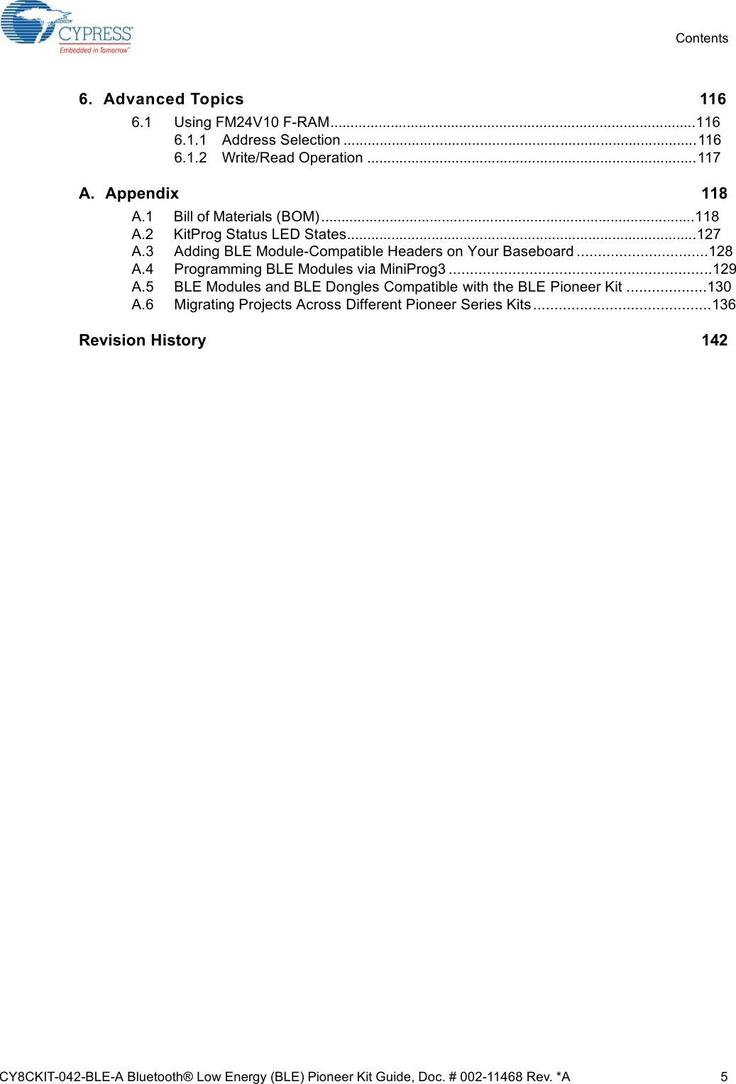 CY8CKIT-042-BLE-A Bluetooth® Low Energy (BLE) Pioneer Kit Guide, Doc. # 002-11468 Rev. *A 5Contents6. Advanced Topics 1166.1 Using FM24V10 F-RAM...........................................................................................1166.1.1 Address Selection ........................................................................................1166.1.2 Write/Read Operation ..................................................................................117A. Appendix 118A.1 Bill of Materials (BOM).............................................................................................118A.2 KitProg Status LED States.......................................................................................127A.3 Adding BLE Module-Compatible Headers on Your Baseboard ...............................128A.4 Programming BLE Modules via MiniProg3 ..............................................................129A.5 BLE Modules and BLE Dongles Compatible with the BLE Pioneer Kit ...................130A.6 Migrating Projects Across Different Pioneer Series Kits..........................................136Revision History  142