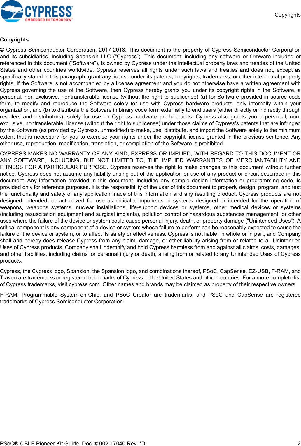 Page 2 of Cypress Semiconductor CY8CKIT-062 CY8CKIT-062-BLE PSoC 6 BLE Pioneer Kit User Manual Manual OEM Installation