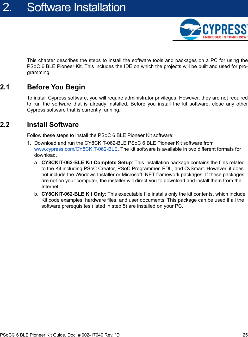 Page 25 of Cypress Semiconductor CY8CKIT-062 CY8CKIT-062-BLE PSoC 6 BLE Pioneer Kit User Manual Manual OEM Installation