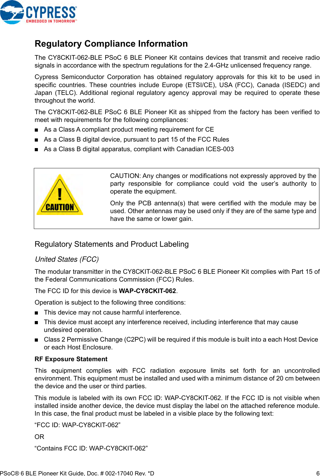 Page 6 of Cypress Semiconductor CY8CKIT-062 CY8CKIT-062-BLE PSoC 6 BLE Pioneer Kit User Manual Manual OEM Installation