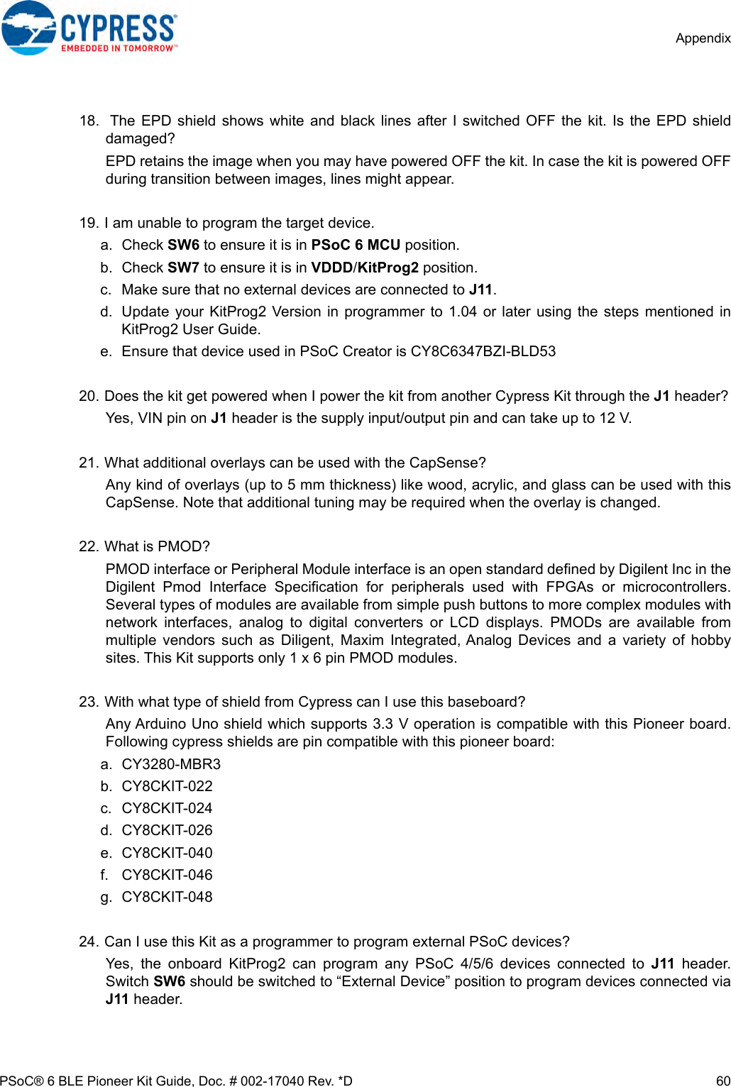 Page 60 of Cypress Semiconductor CY8CKIT-062 CY8CKIT-062-BLE PSoC 6 BLE Pioneer Kit User Manual Manual OEM Installation