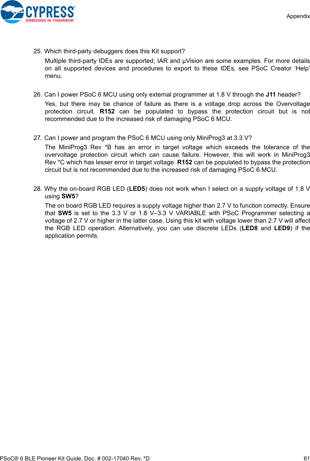 Page 61 of Cypress Semiconductor CY8CKIT-062 CY8CKIT-062-BLE PSoC 6 BLE Pioneer Kit User Manual Manual OEM Installation