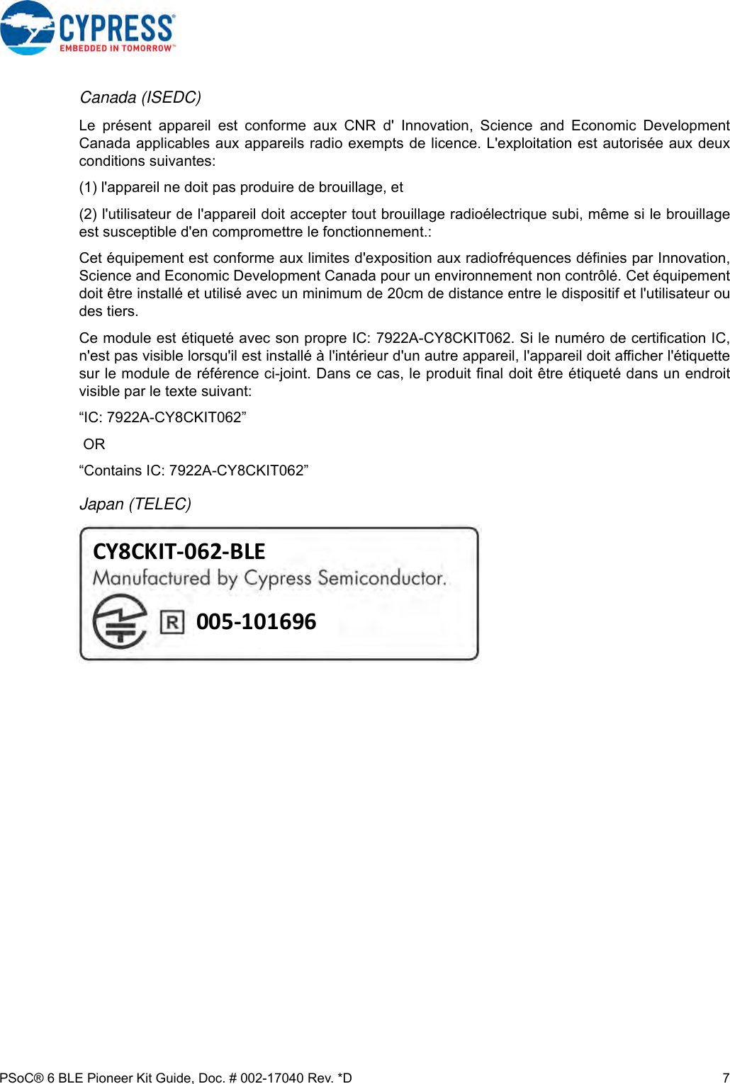 Page 7 of Cypress Semiconductor CY8CKIT-062 CY8CKIT-062-BLE PSoC 6 BLE Pioneer Kit User Manual Manual OEM Installation