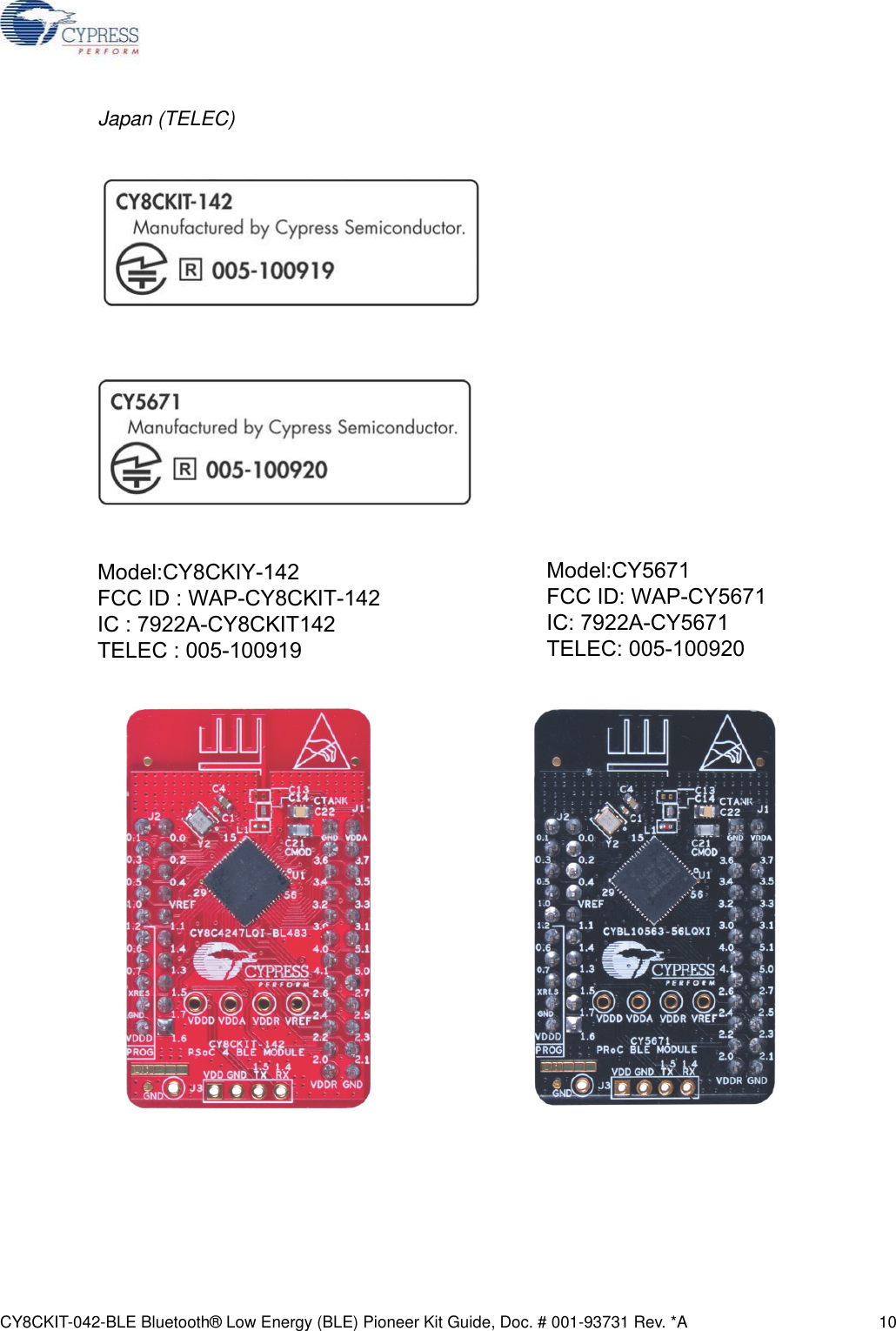 CY8CKIT-042-BLE Bluetooth® Low Energy (BLE) Pioneer Kit Guide, Doc. # 001-93731 Rev. *A 10Japan (TELEC)Model:CY5671FCC ID: WAP-CY5671IC: 7922A-CY5671TELEC: 005-100920Model:CY8CKIY-142FCC ID : WAP-CY8CKIT-142 IC : 7922A-CY8CKIT142TELEC : 005-100919 