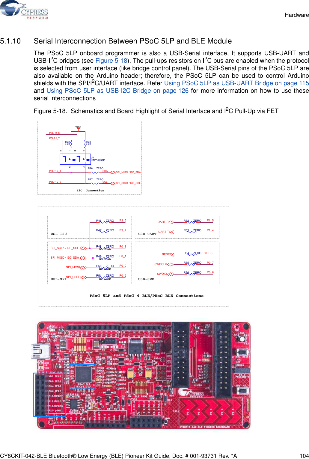 CY8CKIT-042-BLE Bluetooth® Low Energy (BLE) Pioneer Kit Guide, Doc. # 001-93731 Rev. *A 104Hardware5.1.10 Serial Interconnection Between PSoC 5LP and BLE ModuleThe PSoC 5LP onboard programmer is also a USB-Serial interface, It supports USB-UART andUSB-I2C bridges (see Figure 5-18). The pull-ups resistors on I2C bus are enabled when the protocolis selected from user interface (like bridge control panel). The USB-Serial pins of the PSoC 5LP arealso available on the Arduino header; therefore, the PSoC 5LP can be used to control Arduinoshields with the SPI/I2C/UART interface. Refer Using PSoC 5LP as USB-UART Bridge on page 115and Using PSoC 5LP as USB-I2C Bridge on page 126 for more information on how to use theseserial interconnections Figure 5-18.  Schematics and Board Highlight of Serial Interface and I2C Pull-Up via FETI2C ConnectionSCLSDAP5LP12_0P5LP12_1P5LP2_7P5LP2_6VDDSPI_MISO / I2C_SDASPI_SCLK / I2C_SCLR222.2K R232.2KU4NTZD3152P6213 45R26 ZEROR27 ZERONO LOADUSB-I2CUSB-SPIUSB-UARTUSB-SWDPSoC 5LP and PSoC 4 BLE/PRoC BLE ConnectionsNO LOADNO LOADNO LOADP0_3P0_1P0_2P0_0P3_5P3_4/XRESP0_7P0_6P1_5P1_4SPI_MOSISPI_SSELSPI_MISO / I2C_SDASPI_SCLK / I2C_SCLRESETSWDIOSWDCLKUART TXUART RXR46 ZEROR47 ZEROR54 ZEROR51 ZERO R56 ZEROR50 ZERO R55 ZEROR52 ZEROR48 ZEROR49 ZEROR53 ZERO