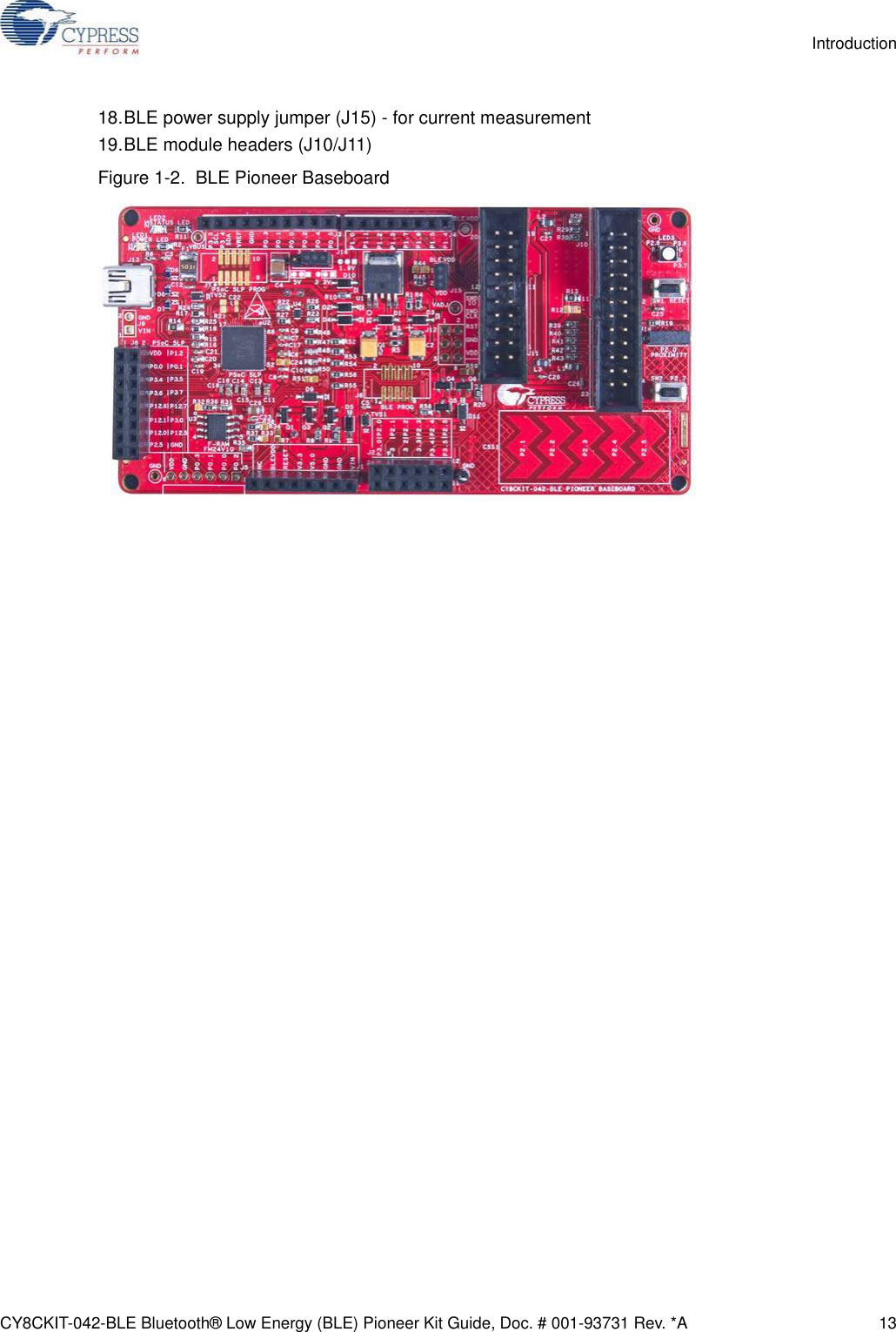 CY8CKIT-042-BLE Bluetooth® Low Energy (BLE) Pioneer Kit Guide, Doc. # 001-93731 Rev. *A 13Introduction18.BLE power supply jumper (J15) - for current measurement19.BLE module headers (J10/J11)Figure 1-2.  BLE Pioneer Baseboard