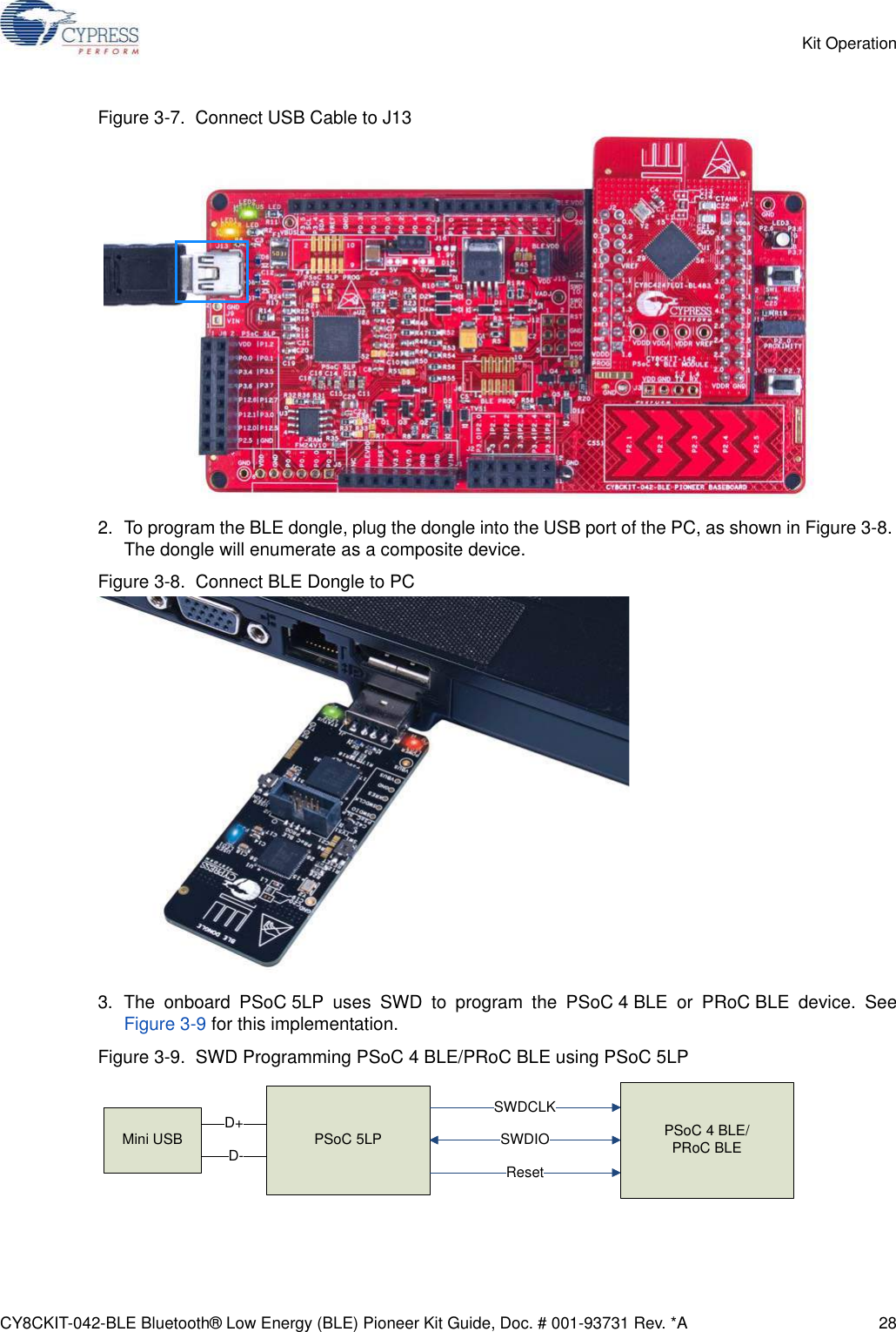 CY8CKIT-042-BLE Bluetooth® Low Energy (BLE) Pioneer Kit Guide, Doc. # 001-93731 Rev. *A 28Kit OperationFigure 3-7.  Connect USB Cable to J132. To program the BLE dongle, plug the dongle into the USB port of the PC, as shown in Figure 3-8. The dongle will enumerate as a composite device.Figure 3-8.  Connect BLE Dongle to PC3. The onboard PSoC 5LP uses SWD to program the PSoC 4 BLE or PRoC BLE device. SeeFigure 3-9 for this implementation.Figure 3-9.  SWD Programming PSoC 4 BLE/PRoC BLE using PSoC 5LPMini USB PSoC 5LP PSoC 4 BLE/ PRoC BLESWDCLKResetSWDIOD+D-