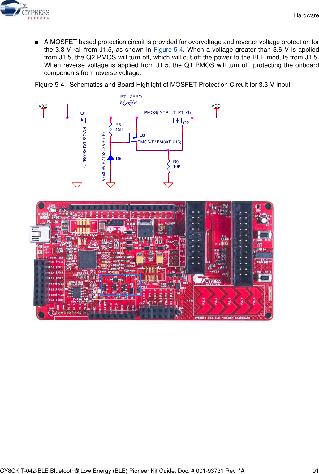 CY8CKIT-042-BLE Bluetooth® Low Energy (BLE) Pioneer Kit Guide, Doc. # 001-93731 Rev. *A 91Hardware■A MOSFET-based protection circuit is provided for overvoltage and reverse-voltage protection forthe 3.3-V rail from J1.5, as shown in Figure 5-4. When a voltage greater than 3.6 V is appliedfrom J1.5, the Q2 PMOS will turn off, which will cut off the power to the BLE module from J1.5.When reverse voltage is applied from J1.5, the Q1 PMOS will turn off, protecting the onboardcomponents from reverse voltage. Figure 5-4.  Schematics and Board Highlight of MOSFET Protection Circuit for 3.3-V InputVDDV3.3NO LOADR910KR815KQ2PMOS( NTR4171PT1G) R7 ZEROD9Vz=3.9V(BZT52C3V9-7-F)Q3PMOS(PMV48XP,215)Q1PMOS( DMP3098L-7)