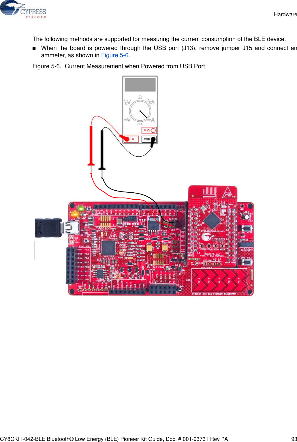 CY8CKIT-042-BLE Bluetooth® Low Energy (BLE) Pioneer Kit Guide, Doc. # 001-93731 Rev. *A 93HardwareThe following methods are supported for measuring the current consumption of the BLE device. ■When the board is powered through the USB port (J13), remove jumper J15 and connect anammeter, as shown in Figure 5-6.Figure 5-6.  Current Measurement when Powered from USB Port