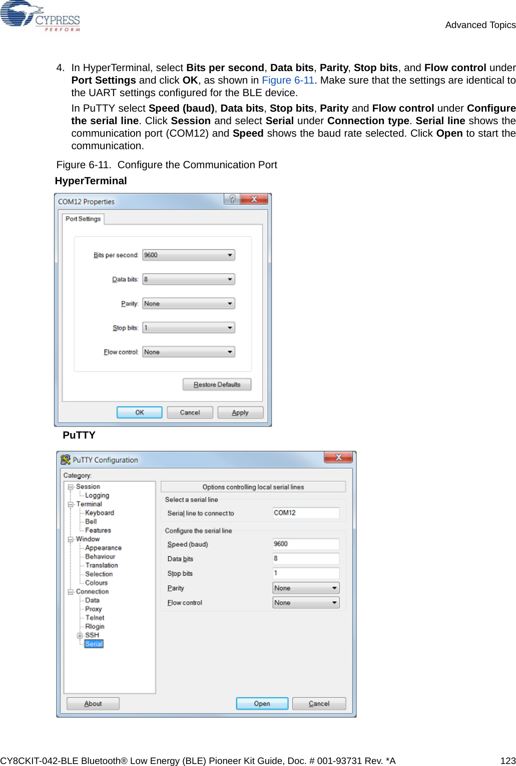 CY8CKIT-042-BLE Bluetooth® Low Energy (BLE) Pioneer Kit Guide, Doc. # 001-93731 Rev. *A 123Advanced Topics4. In HyperTerminal, select Bits per second, Data bits, Parity, Stop bits, and Flow control underPort Settings and click OK, as shown in Figure 6-11. Make sure that the settings are identical tothe UART settings configured for the BLE device.In PuTTY select Speed (baud), Data bits, Stop bits, Parity and Flow control under Configurethe serial line. Click Session and select Serial under Connection type. Serial line shows thecommunication port (COM12) and Speed shows the baud rate selected. Click Open to start thecommunication.Figure 6-11.  Configure the Communication PortHyperTerminalPuTTY