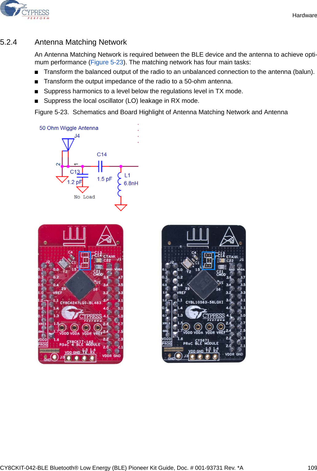 CY8CKIT-042-BLE Bluetooth® Low Energy (BLE) Pioneer Kit Guide, Doc. # 001-93731 Rev. *A 109Hardware5.2.4 Antenna Matching NetworkAn Antenna Matching Network is required between the BLE device and the antenna to achieve opti-mum performance (Figure 5-23). The matching network has four main tasks:■Transform the balanced output of the radio to an unbalanced connection to the antenna (balun). ■Transform the output impedance of the radio to a 50-ohm antenna. ■Suppress harmonics to a level below the regulations level in TX mode. ■Suppress the local oscillator (LO) leakage in RX mode.Figure 5-23.  Schematics and Board Highlight of Antenna Matching Network and Antenna