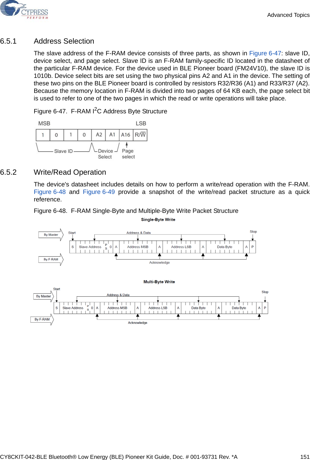 CY8CKIT-042-BLE Bluetooth® Low Energy (BLE) Pioneer Kit Guide, Doc. # 001-93731 Rev. *A 151Advanced Topics6.5.1 Address SelectionThe slave address of the F-RAM device consists of three parts, as shown in Figure 6-47: slave ID,device select, and page select. Slave ID is an F-RAM family-specific ID located in the datasheet ofthe particular F-RAM device. For the device used in BLE Pioneer board (FM24V10), the slave ID is1010b. Device select bits are set using the two physical pins A2 and A1 in the device. The setting ofthese two pins on the BLE Pioneer board is controlled by resistors R32/R36 (A1) and R33/R37 (A2).Because the memory location in F-RAM is divided into two pages of 64 KB each, the page select bitis used to refer to one of the two pages in which the read or write operations will take place.Figure 6-47.  F-RAM I2C Address Byte Structure6.5.2 Write/Read OperationThe device&apos;s datasheet includes details on how to perform a write/read operation with the F-RAM.Figure 6-48 and Figure 6-49 provide a snapshot of the write/read packet structure as a quickreference.Figure 6-48.  F-RAM Single-Byte and Multiple-Byte Write Packet Structure