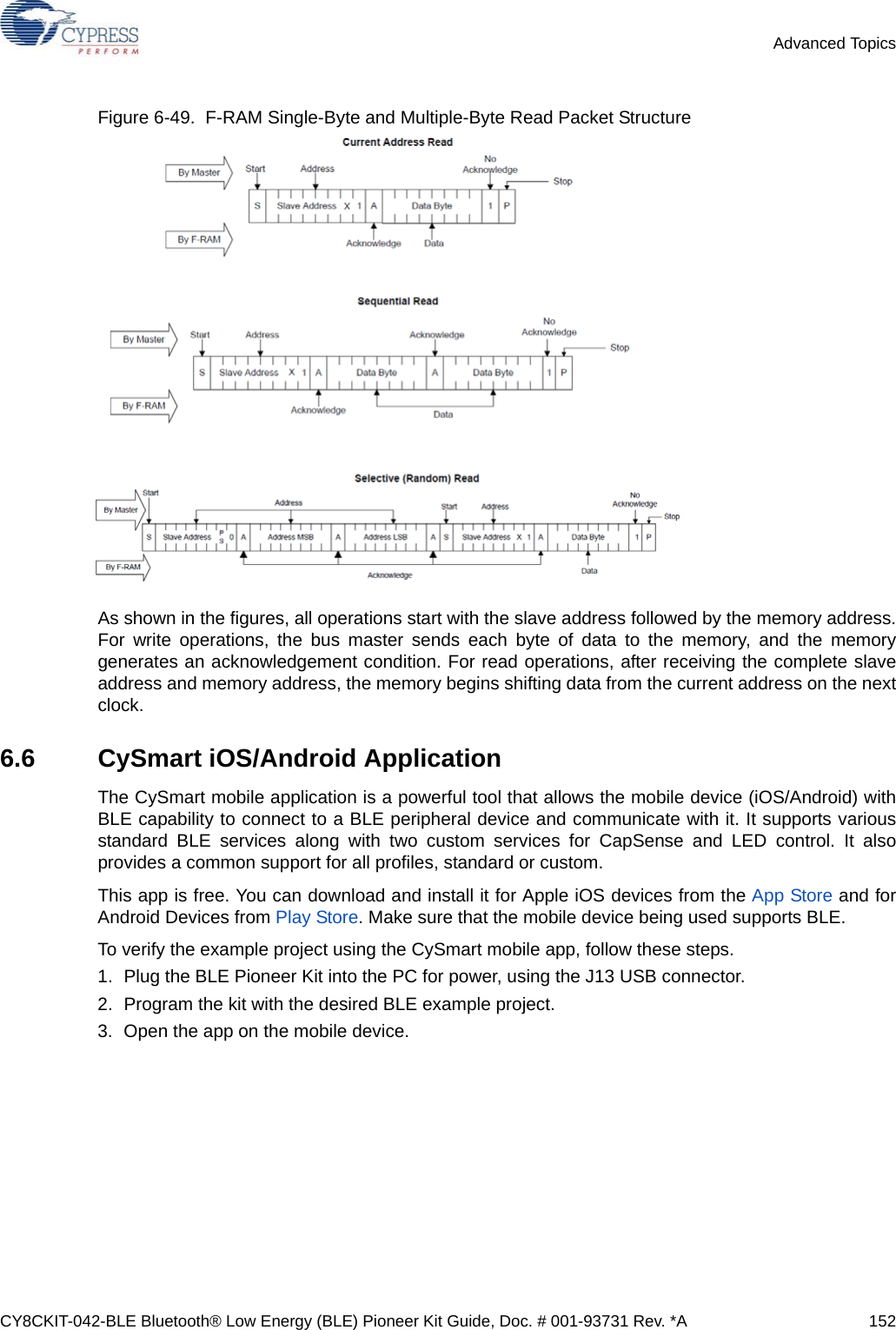 CY8CKIT-042-BLE Bluetooth® Low Energy (BLE) Pioneer Kit Guide, Doc. # 001-93731 Rev. *A 152Advanced TopicsFigure 6-49.  F-RAM Single-Byte and Multiple-Byte Read Packet StructureAs shown in the figures, all operations start with the slave address followed by the memory address.For write operations, the bus master sends each byte of data to the memory, and the memorygenerates an acknowledgement condition. For read operations, after receiving the complete slaveaddress and memory address, the memory begins shifting data from the current address on the nextclock. 6.6 CySmart iOS/Android ApplicationThe CySmart mobile application is a powerful tool that allows the mobile device (iOS/Android) withBLE capability to connect to a BLE peripheral device and communicate with it. It supports variousstandard BLE services along with two custom services for CapSense and LED control. It alsoprovides a common support for all profiles, standard or custom.This app is free. You can download and install it for Apple iOS devices from the App Store and forAndroid Devices from Play Store. Make sure that the mobile device being used supports BLE.To verify the example project using the CySmart mobile app, follow these steps.1. Plug the BLE Pioneer Kit into the PC for power, using the J13 USB connector.2. Program the kit with the desired BLE example project.3. Open the app on the mobile device.