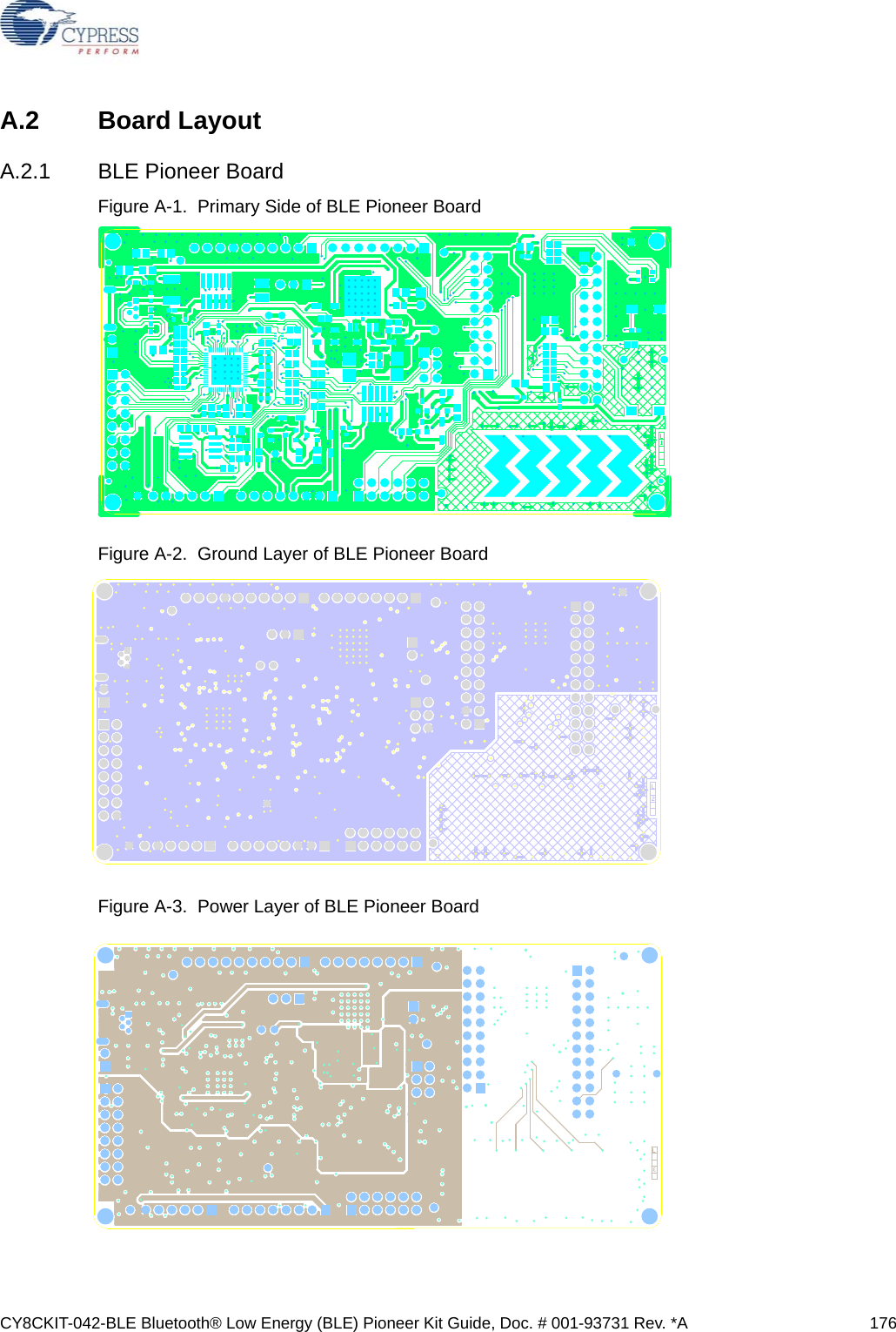 CY8CKIT-042-BLE Bluetooth® Low Energy (BLE) Pioneer Kit Guide, Doc. # 001-93731 Rev. *A 176A.2 Board LayoutA.2.1 BLE Pioneer BoardFigure A-1.  Primary Side of BLE Pioneer Board Figure A-2.  Ground Layer of BLE Pioneer BoardFigure A-3.  Power Layer of BLE Pioneer Board