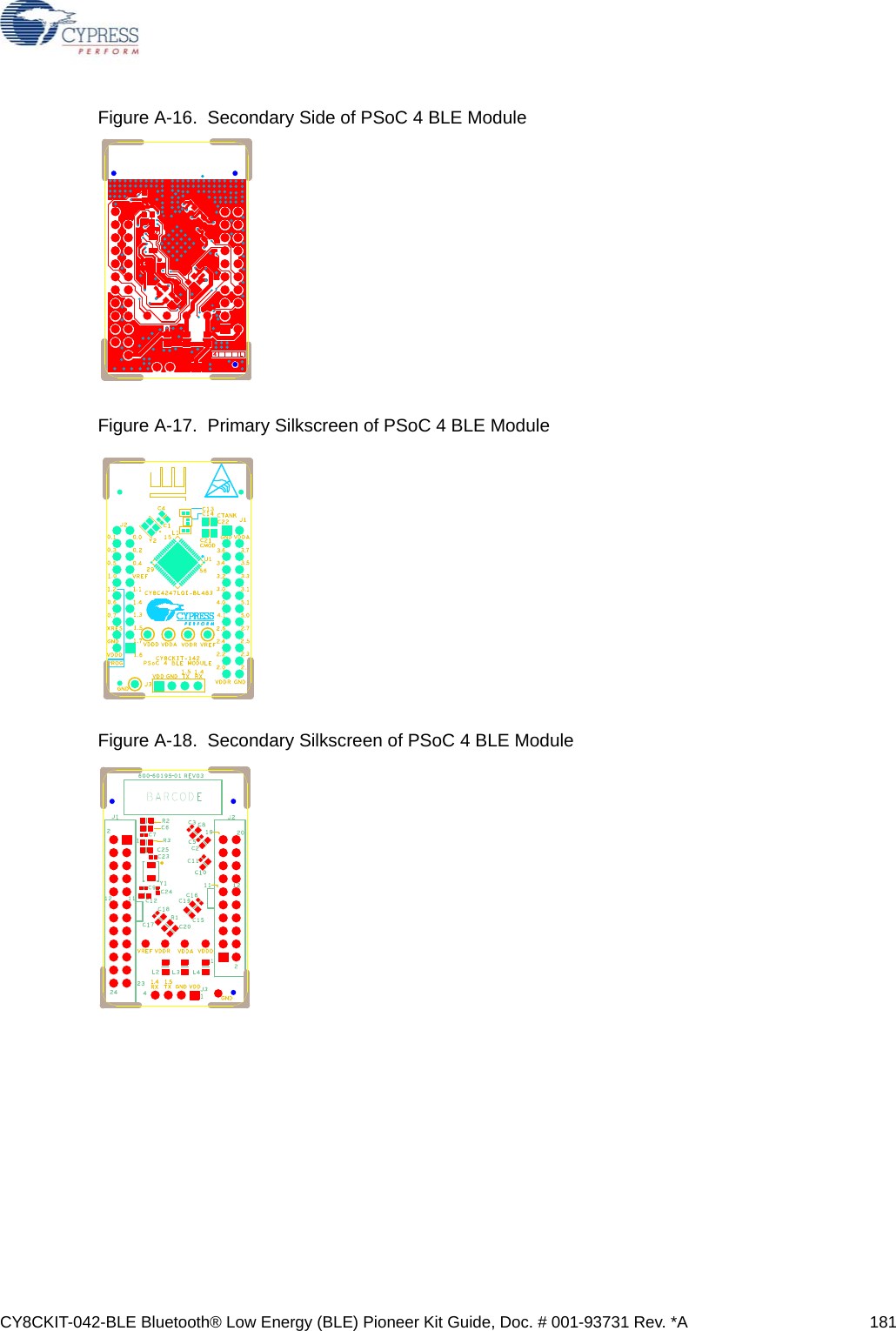 CY8CKIT-042-BLE Bluetooth® Low Energy (BLE) Pioneer Kit Guide, Doc. # 001-93731 Rev. *A 181Figure A-16.  Secondary Side of PSoC 4 BLE ModuleFigure A-17.  Primary Silkscreen of PSoC 4 BLE ModuleFigure A-18.  Secondary Silkscreen of PSoC 4 BLE Module