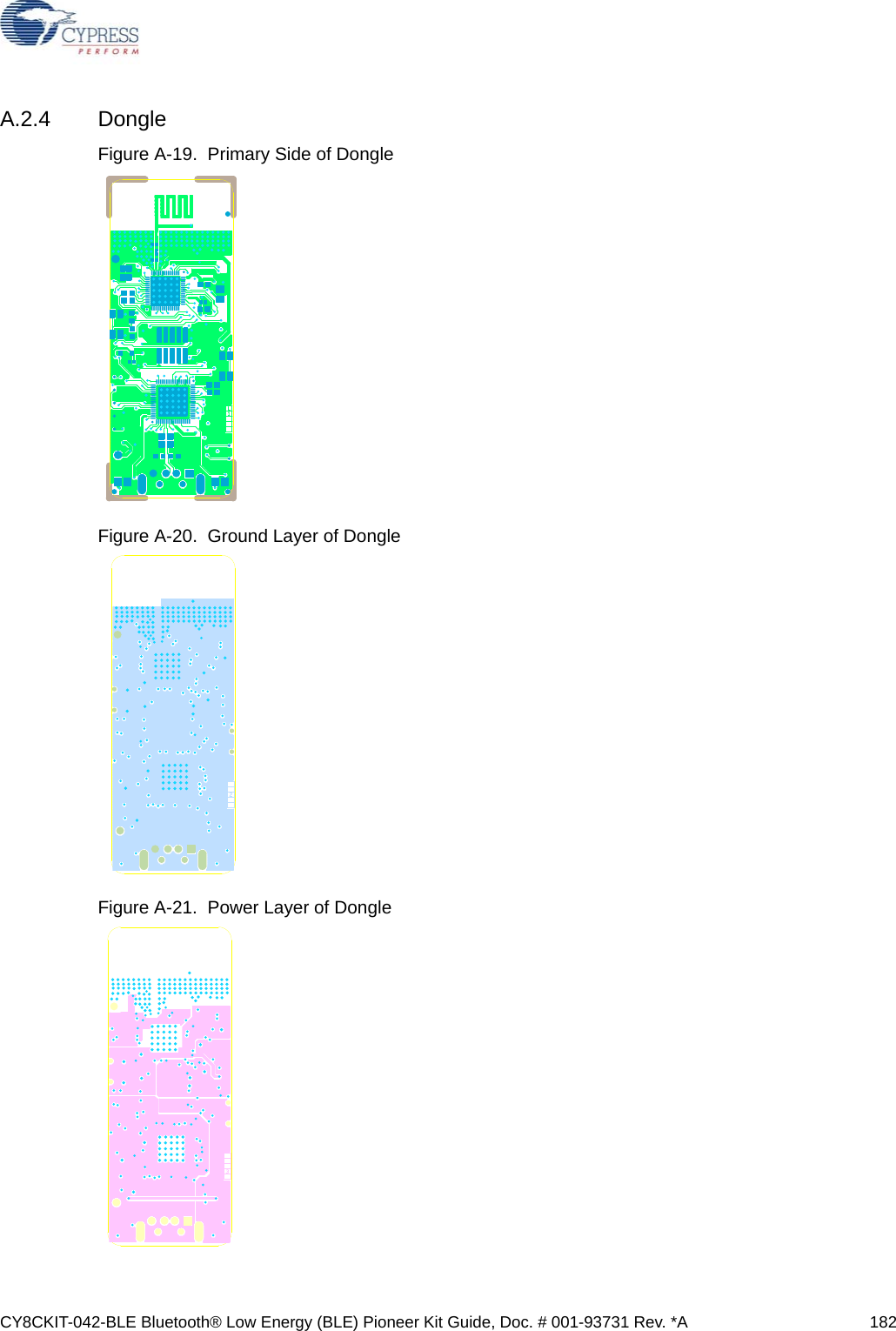 CY8CKIT-042-BLE Bluetooth® Low Energy (BLE) Pioneer Kit Guide, Doc. # 001-93731 Rev. *A 182A.2.4 DongleFigure A-19.  Primary Side of DongleFigure A-20.  Ground Layer of DongleFigure A-21.  Power Layer of Dongle