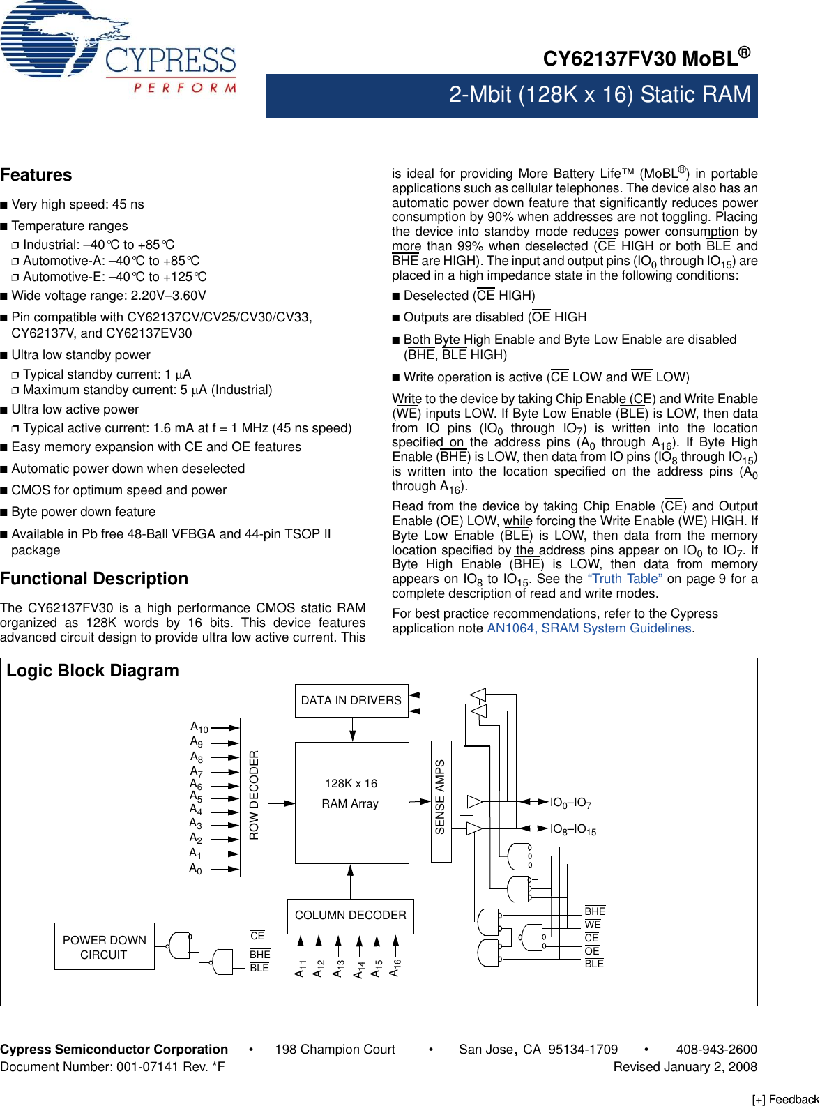 Page 1 of 12 - Cypress Cypress-Cy62137Fv30-Users-Manual- CY62137FV30 MoBL® 2-Mbit (128K X 16) Static RAM  Cypress-cy62137fv30-users-manual