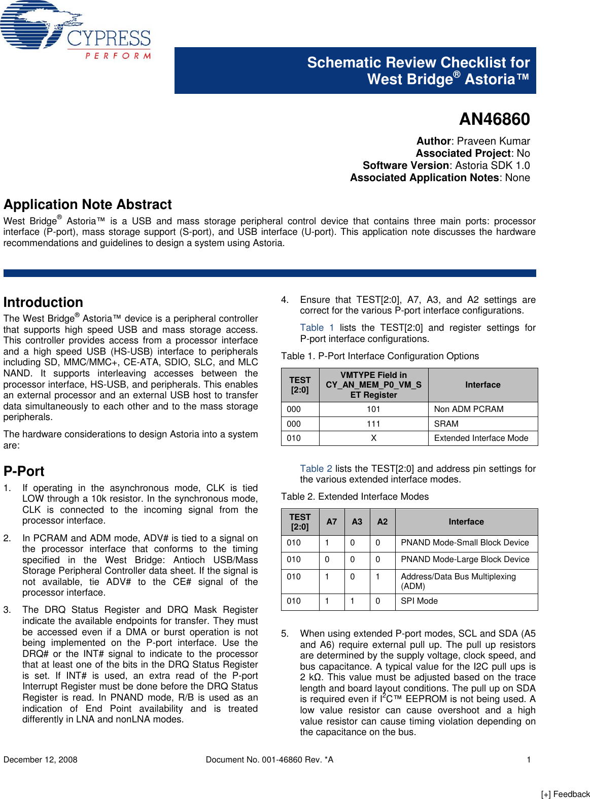 Page 1 of 4 - Cypress Cypress-West-Bridge-Astoria-An46860-Users-Manual- Schematic Review Checklist For West Bridge(R) Astoria™  Cypress-west-bridge-astoria-an46860-users-manual