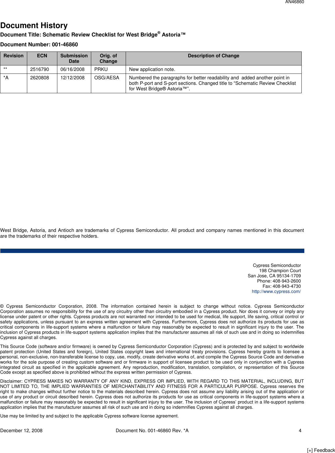 Page 4 of 4 - Cypress Cypress-West-Bridge-Astoria-An46860-Users-Manual- Schematic Review Checklist For West Bridge(R) Astoria™  Cypress-west-bridge-astoria-an46860-users-manual