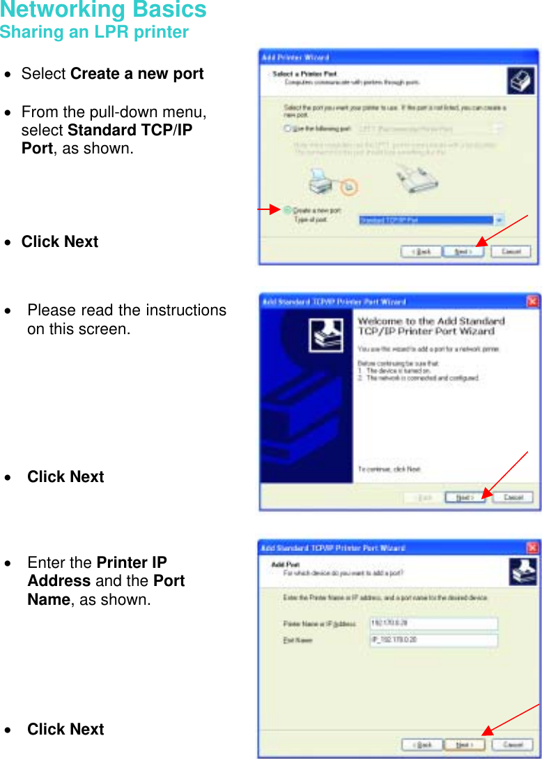 Networking Basics  Sharing an LPR printer       •  Select Create a new port  •  From the pull-down menu, select Standard TCP/IP Port, as shown. •  Click Next   •  Please read the instructions on this screen. •  Click Next •  Enter the Printer IP Address and the Port Name, as shown.       •  Click Next 
