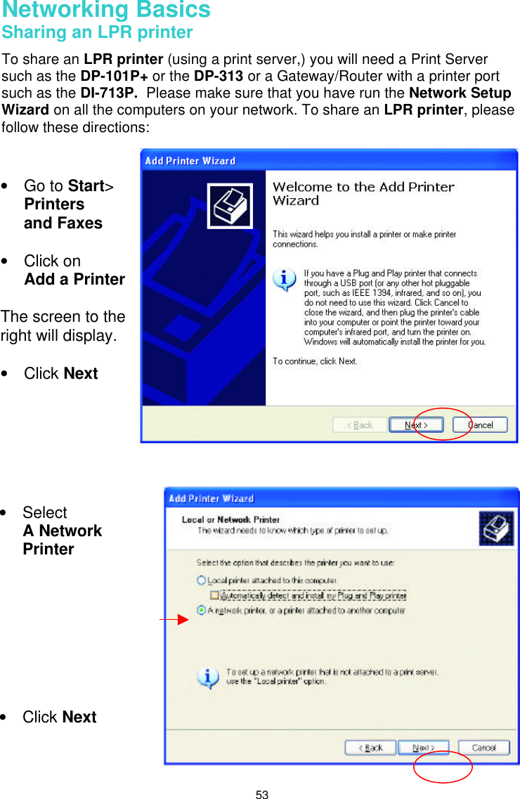  53 Networking Basics  Sharing an LPR printer To share an LPR printer (using a print server,) you will need a Print Server such as the DP-101P+ or the DP-313 or a Gateway/Router with a printer port such as the DI-713P.  Please make sure that you have run the Network Setup Wizard on all the computers on your network. To share an LPR printer, please follow these directions:     • Go to Start&gt;  Printers  and Faxes  • Click on   Add a Printer  The screen to the right will display.  • Click Next  • Select  A Network Printer         • Click Next 