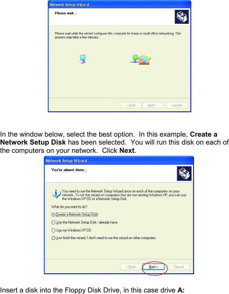    In the window below, select the best option.  In this example, Create a Network Setup Disk has been selected.  You will run this disk on each of the computers on your network.  Click Next.   Insert a disk into the Floppy Disk Drive, in this case drive A: 