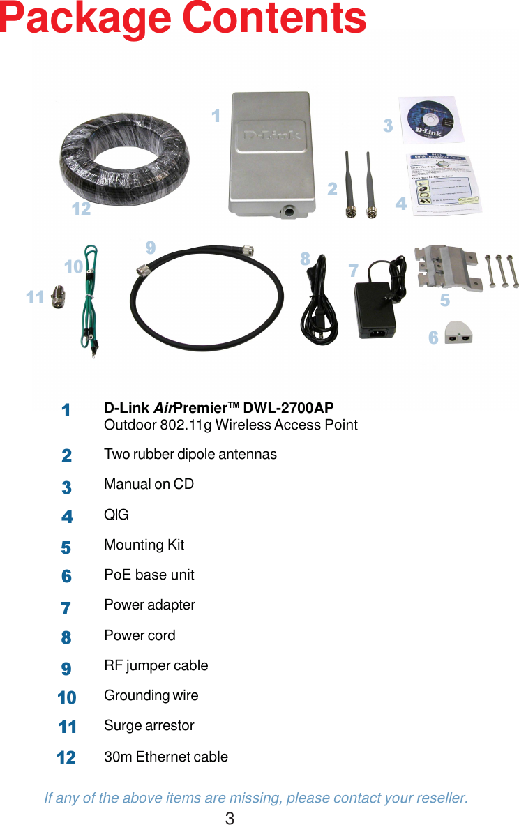 3123456789101112D-Link AirPremierTM DWL-2700APOutdoor 802.11g Wireless Access PointTwo rubber dipole antennasManual on CDQIGMounting KitPoE base unitPower adapterPower cordRF jumper cableGrounding wireSurge arrestorPackage ContentsIf any of the above items are missing, please contact your reseller.123456789101130m Ethernet cable12
