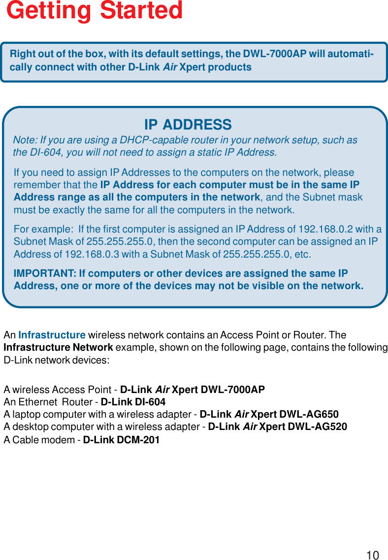 10Getting StartedAn Infrastructure wireless network contains an Access Point or Router. TheInfrastructure Network example, shown on the following page, contains the followingD-Link network devices:A wireless Access Point - D-Link Air Xpert DWL-7000APAn Ethernet  Router - D-Link DI-604A laptop computer with a wireless adapter - D-Link Air Xpert DWL-AG650A desktop computer with a wireless adapter - D-Link Air Xpert DWL-AG520A Cable modem - D-Link DCM-201If you need to assign IP Addresses to the computers on the network, pleaseremember that the IP Address for each computer must be in the same IPAddress range as all the computers in the network, and the Subnet maskmust be exactly the same for all the computers in the network.For example:  If the first computer is assigned an IP Address of 192.168.0.2 with aSubnet Mask of 255.255.255.0, then the second computer can be assigned an IPAddress of 192.168.0.3 with a Subnet Mask of 255.255.255.0, etc.IMPORTANT: If computers or other devices are assigned the same IPAddress, one or more of the devices may not be visible on the network.IP ADDRESSNote: If you are using a DHCP-capable router in your network setup, such asthe DI-604, you will not need to assign a static IP Address.Right out of the box, with its default settings, the DWL-7000AP will automati-cally connect with other D-Link Air Xpert products