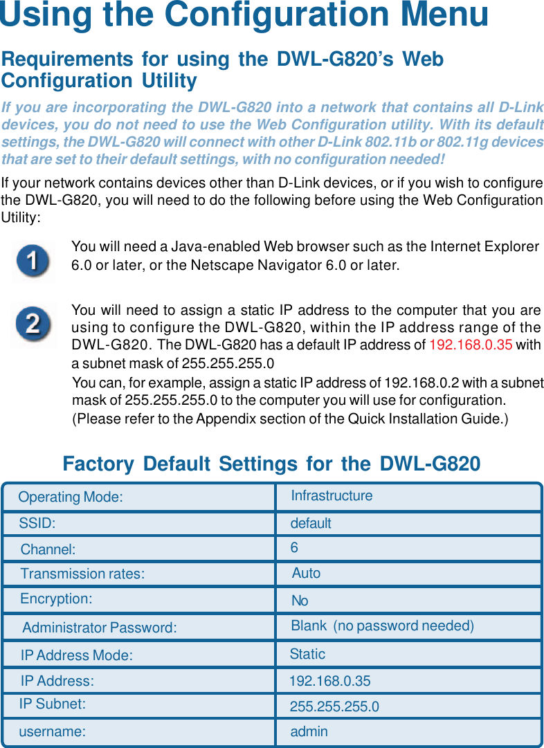 11If you are incorporating the DWL-G820 into a network that contains all D-Linkdevices, you do not need to use the Web Configuration utility. With its defaultsettings, the DWL-G820 will connect with other D-Link 802.11b or 802.11g devicesthat are set to their default settings, with no configuration needed!If your network contains devices other than D-Link devices, or if you wish to configurethe DWL-G820, you will need to do the following before using the Web ConfigurationUtility:Requirements for using the DWL-G820’s WebConfiguration UtilityYou will need a Java-enabled Web browser such as the Internet Explorer6.0 or later, or the Netscape Navigator 6.0 or later.You will need to assign a static IP address to the computer that you areusing to configure the DWL-G820, within the IP address range of theDWL-G820. The DWL-G820 has a default IP address of 192.168.0.35 witha subnet mask of 255.255.255.0You can, for example, assign a static IP address of 192.168.0.2 with a subnetmask of 255.255.255.0 to the computer you will use for configuration.(Please refer to the Appendix section of the Quick Installation Guide.)Factory Default Settings for the DWL-G820Operating Mode: InfrastructureSSID: defaultChannel: 6Transmission rates: AutoEncryption:Blank  (no password needed)Administrator Password:NoIP Address Mode: StaticIP Address:IP Subnet:username: admin255.255.255.0192.168.0.35Using the Configuration Menu