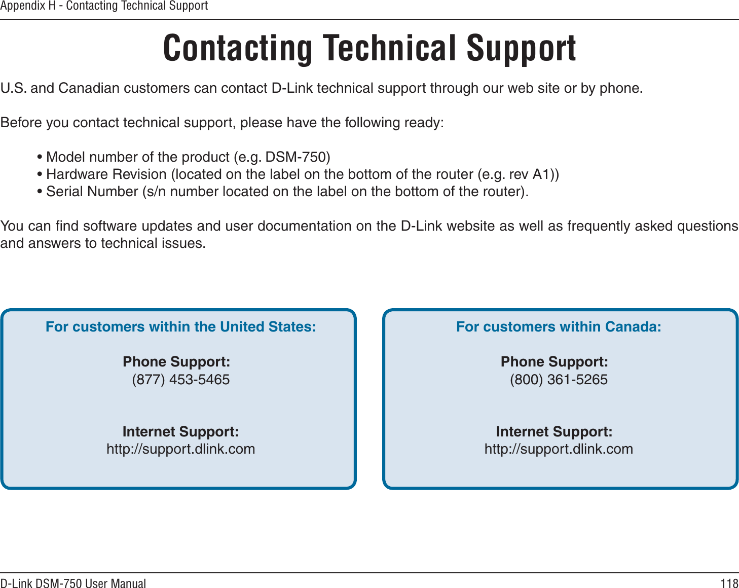 118D-Link DSM-750 User ManualAppendix H - Contacting Technical SupportContacting Technical SupportU.S. and Canadian customers can contact D-Link technical support through our web site or by phone.Before you contact technical support, please have the following ready:• Model number of the product (e.g. DSM-750)• Hardware Revision (located on the label on the bottom of the router (e.g. rev A1))• Serial Number (s/n number located on the label on the bottom of the router). You can ﬁnd software updates and user documentation on the D-Link website as well as frequently asked questions and answers to technical issues.For customers within the United States:Phone Support:(877) 453-5465Internet Support:http://support.dlink.comFor customers within Canada:Phone Support:(800) 361-5265  Internet Support:http://support.dlink.com