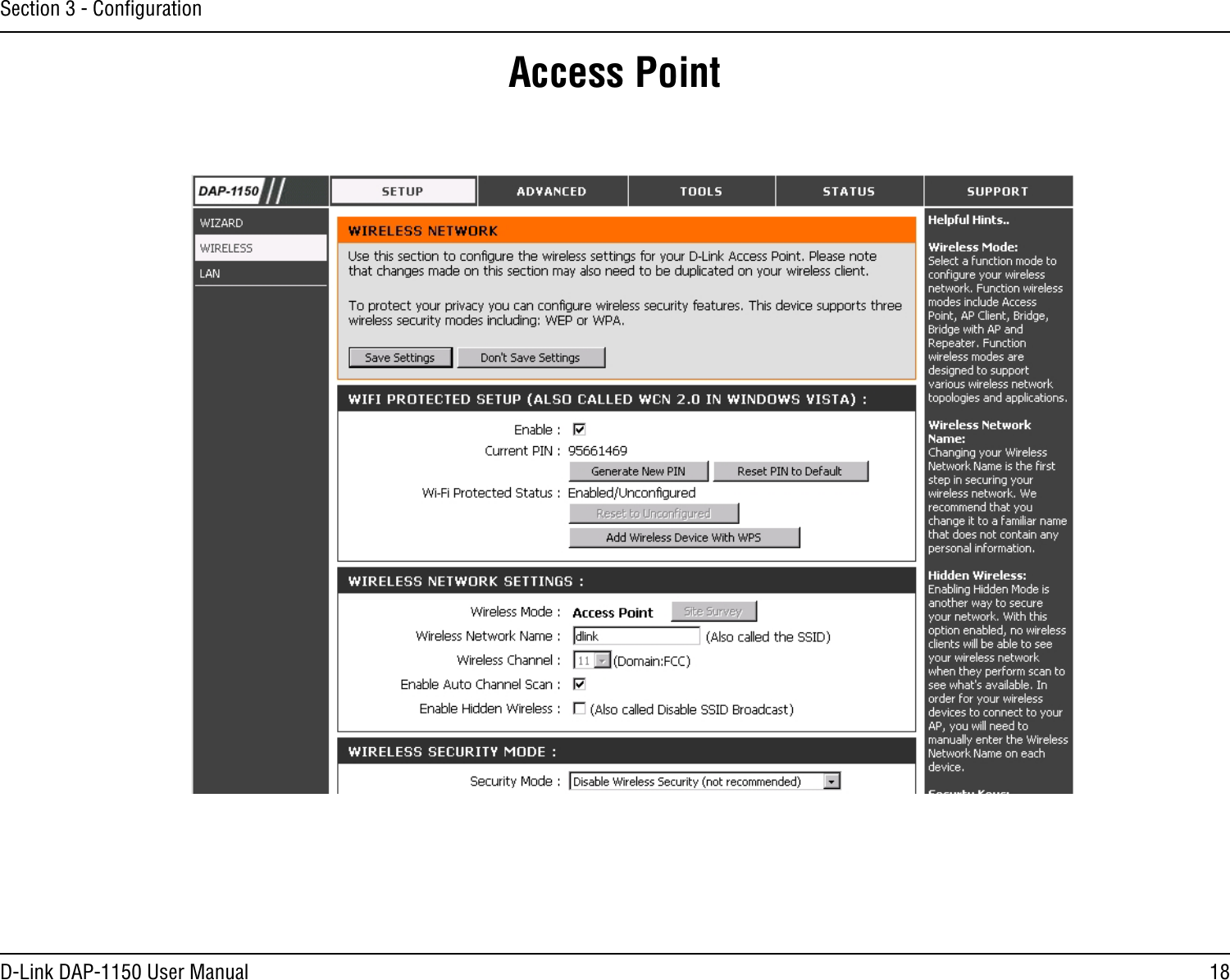 18D-Link DAP-1150 User ManualSection 3 - ConﬁgurationAccess Point